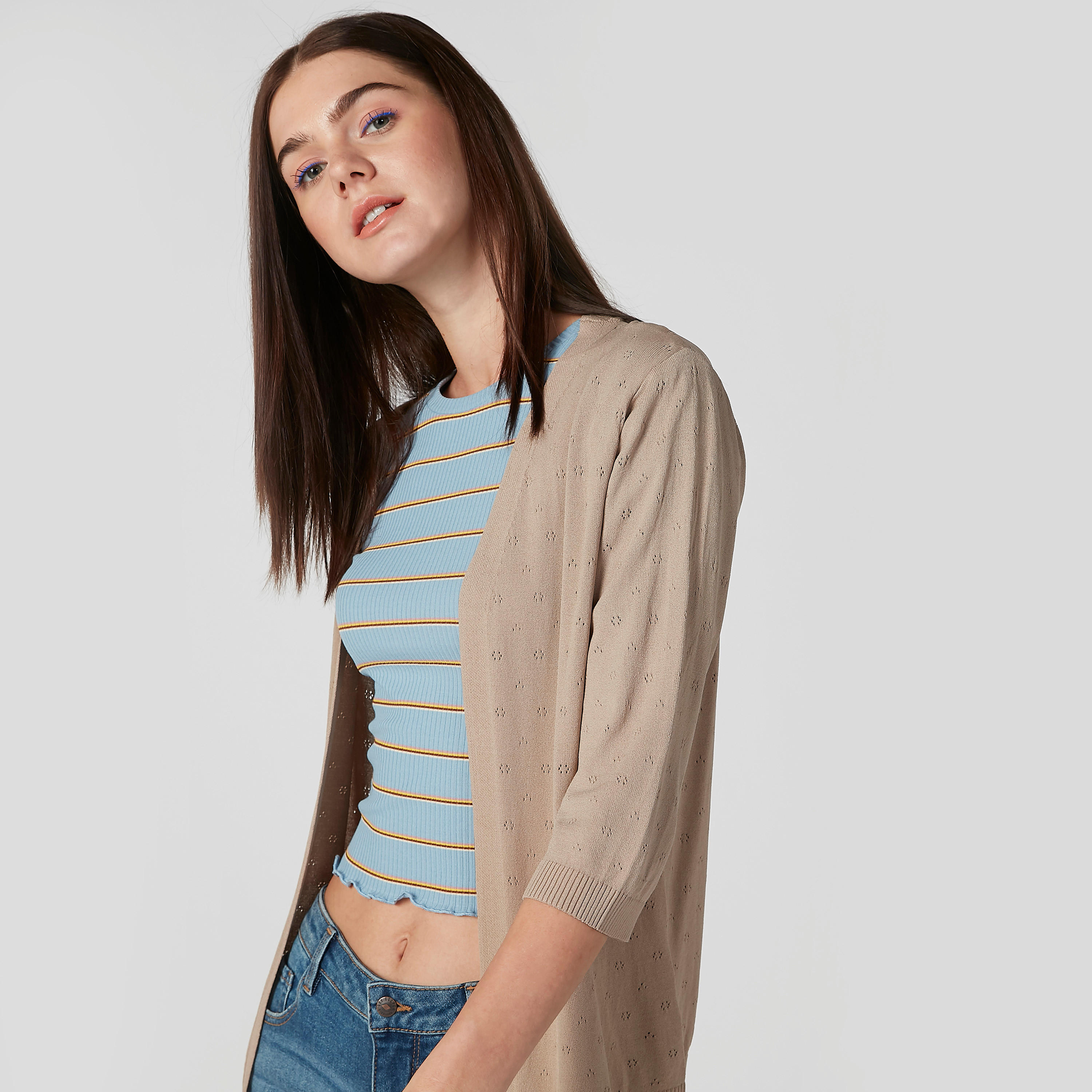 كارديجان بارز الملمس بأكمام 3/4-women-winterwear-cardigansandjumpers-cardigans-image-2