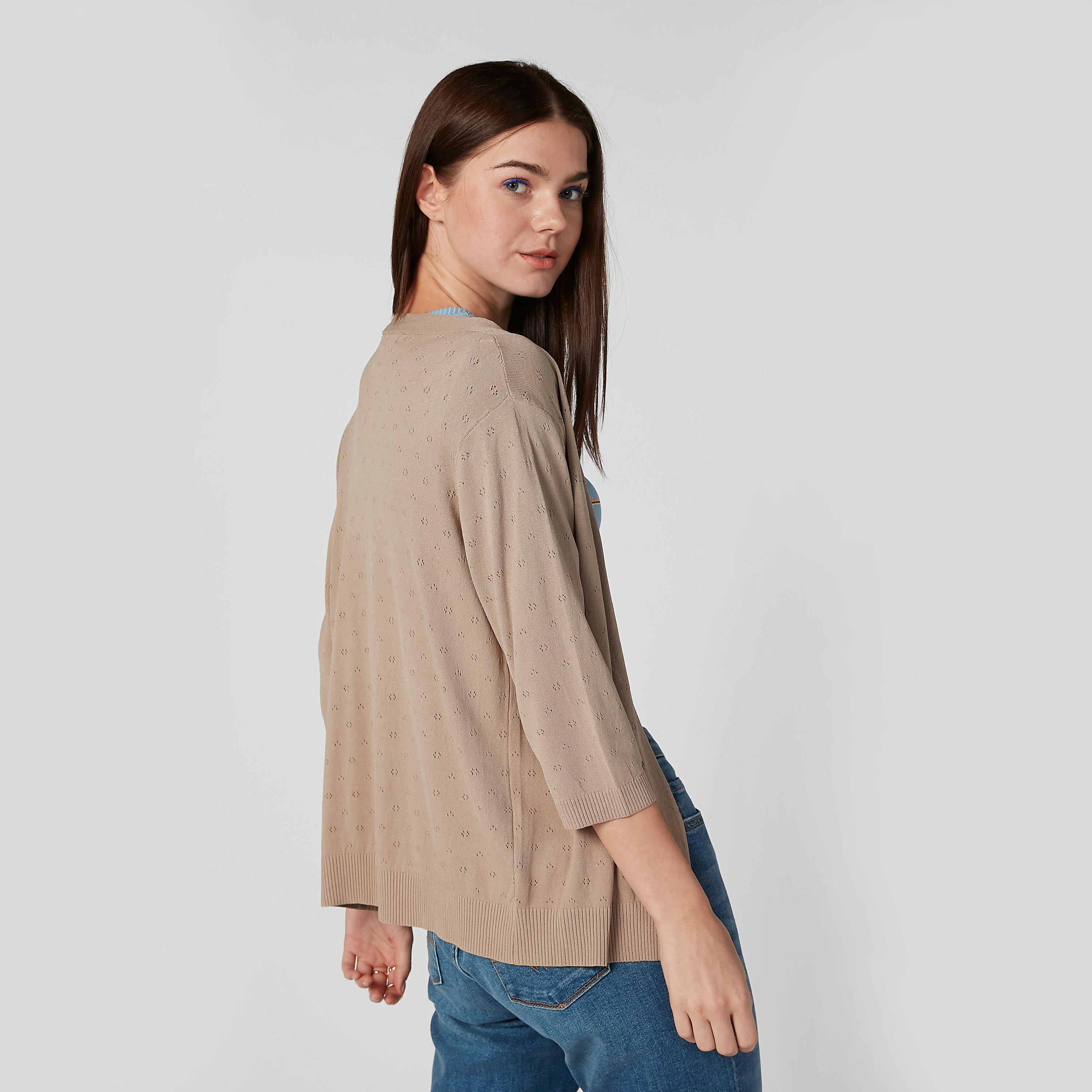 كارديجان بارز الملمس بأكمام 3/4-women-winterwear-cardigansandjumpers-cardigans-image-1