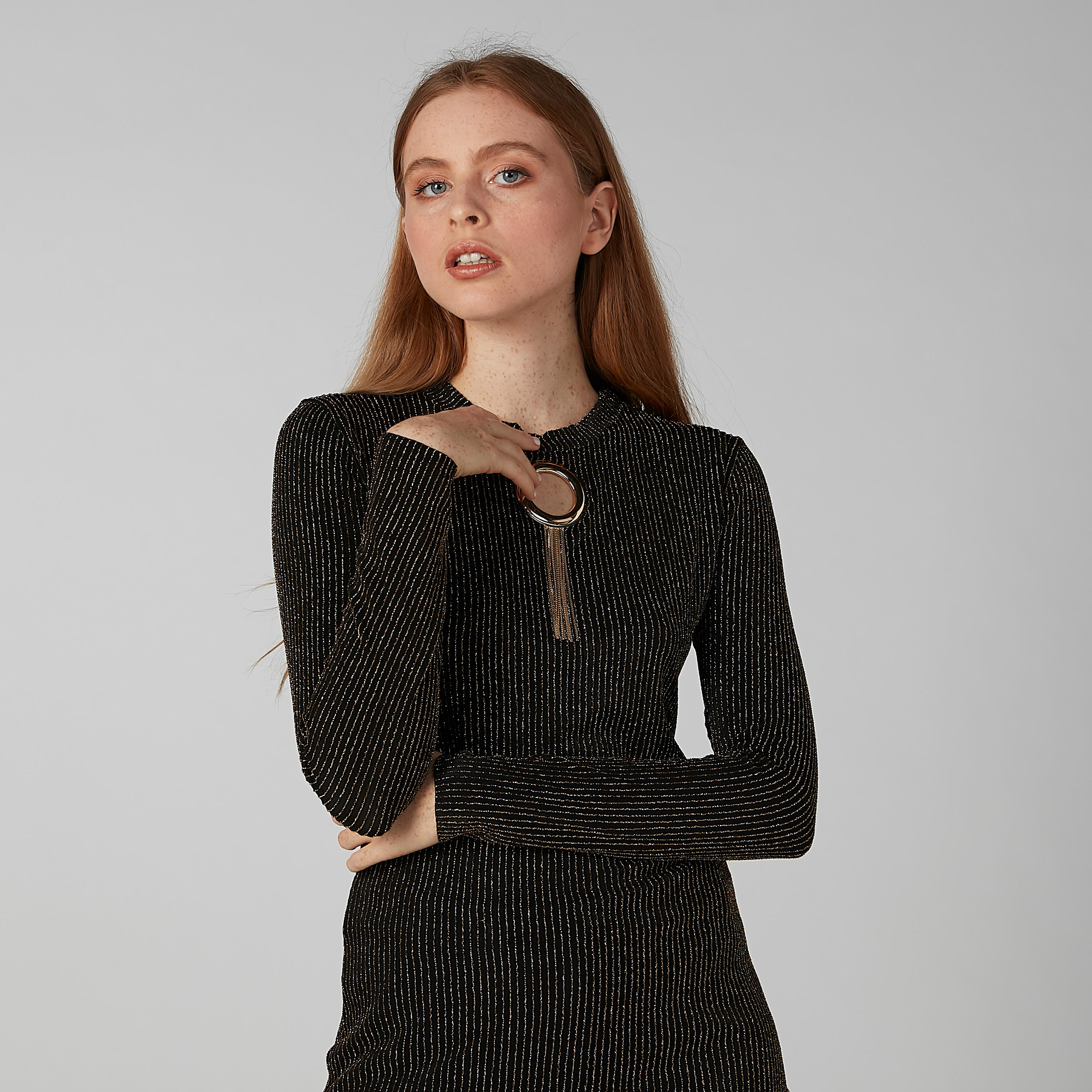 بلوزة مخططة بقصة ضيقة مع رقبة مستديرة وأكمام طويلة-women-clothing-shirtsandblouses-blouses-image-2