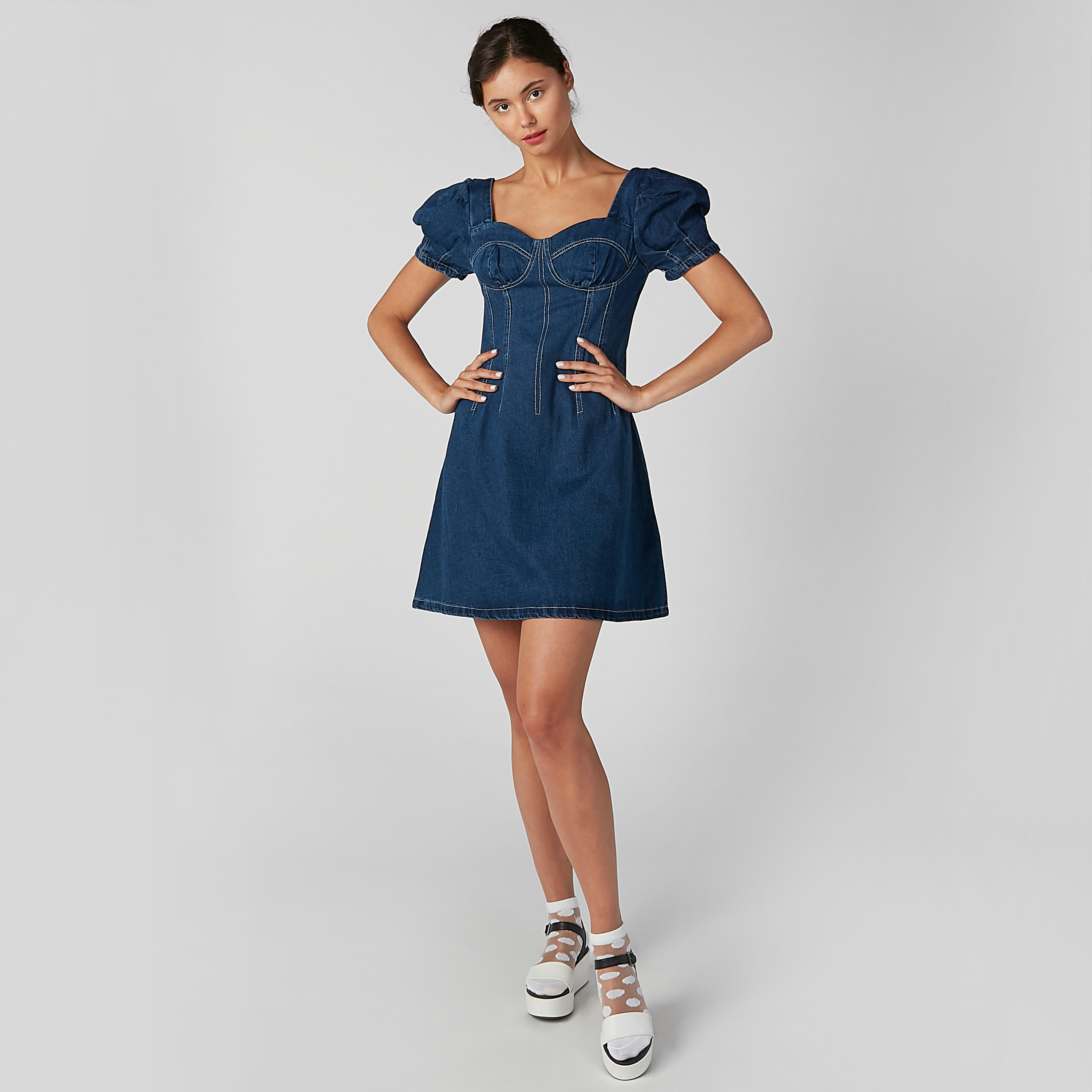 فستان دينم قصير بسحّاب إغلاق وأكمام قصيرة من تو إكستريمز-women-clothing-dresses-image-4