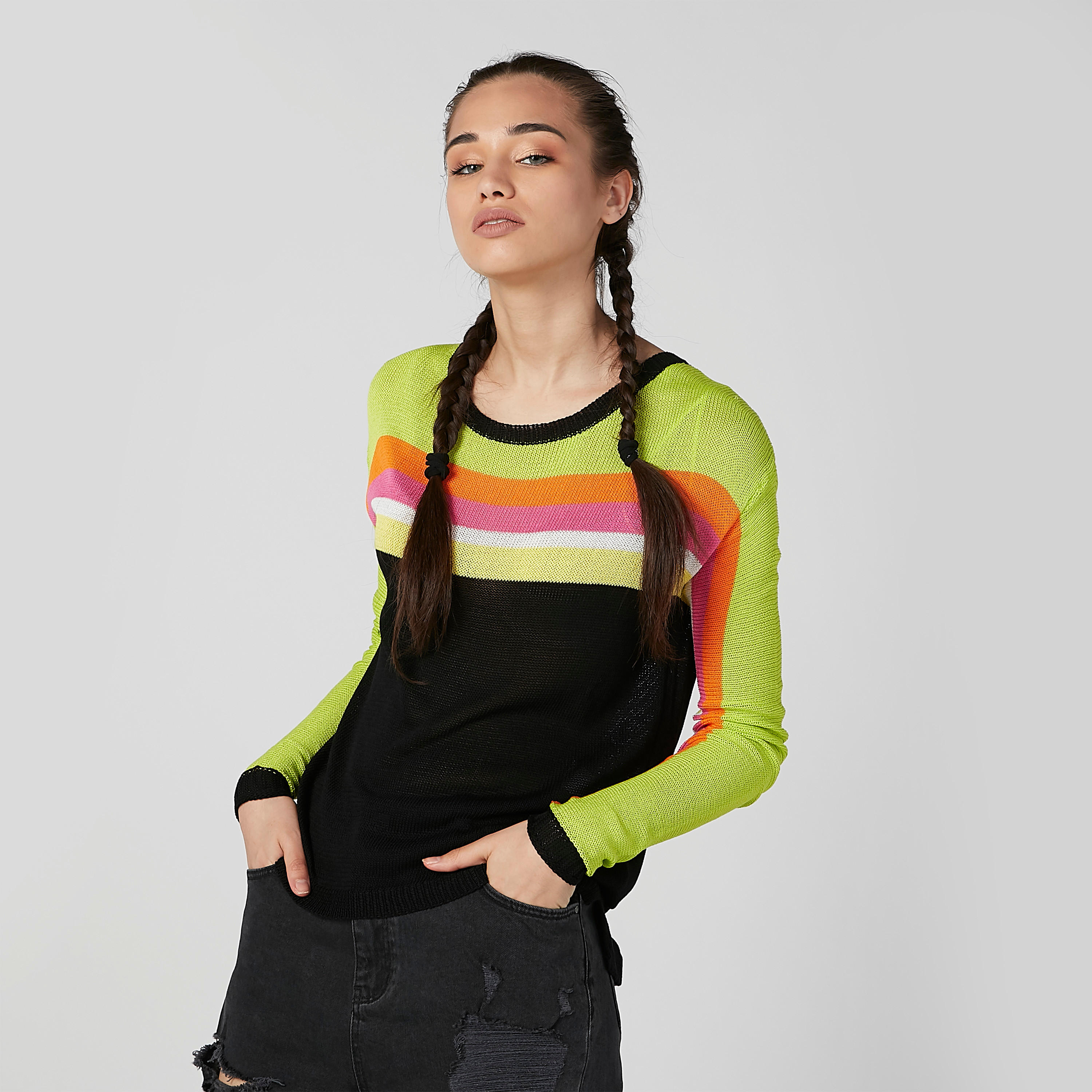 تيشيرت بارز الملمس بياقة مستديرة وأكمام طويلة-women-clothing-tshirts-image-5