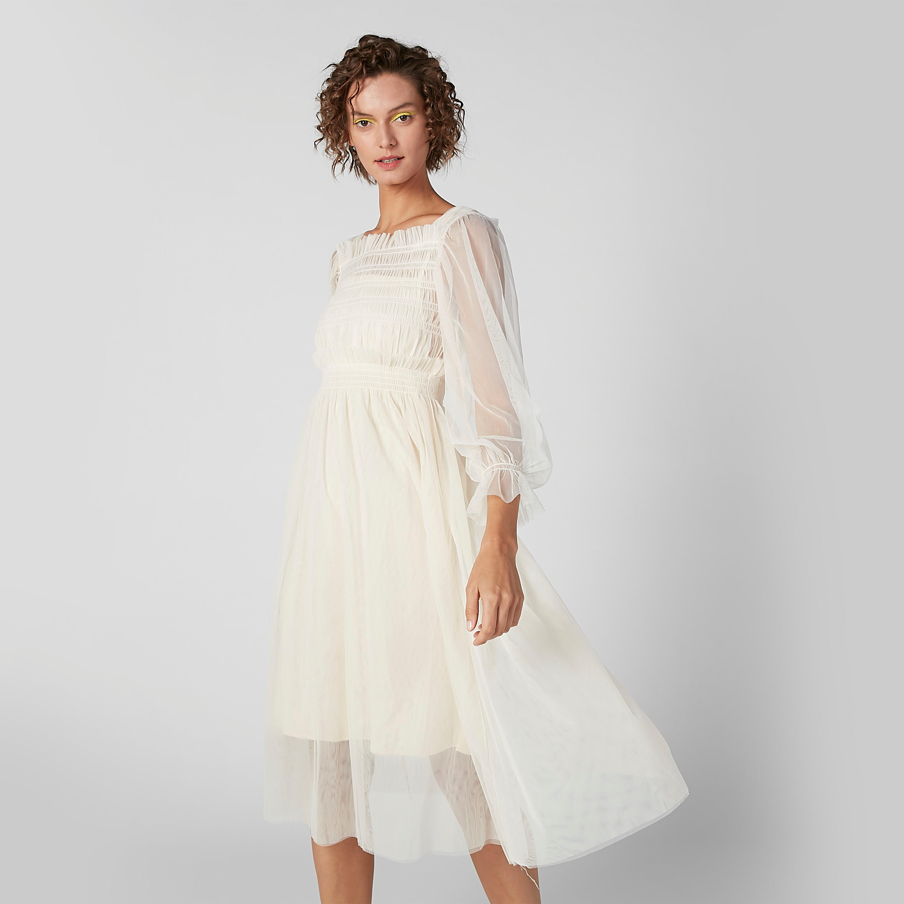فستان إيه لاين ميدي بارز الملمس بأكمام 3/4 وتفاصيل مطرّزة-women-clothing-dresses-image-1