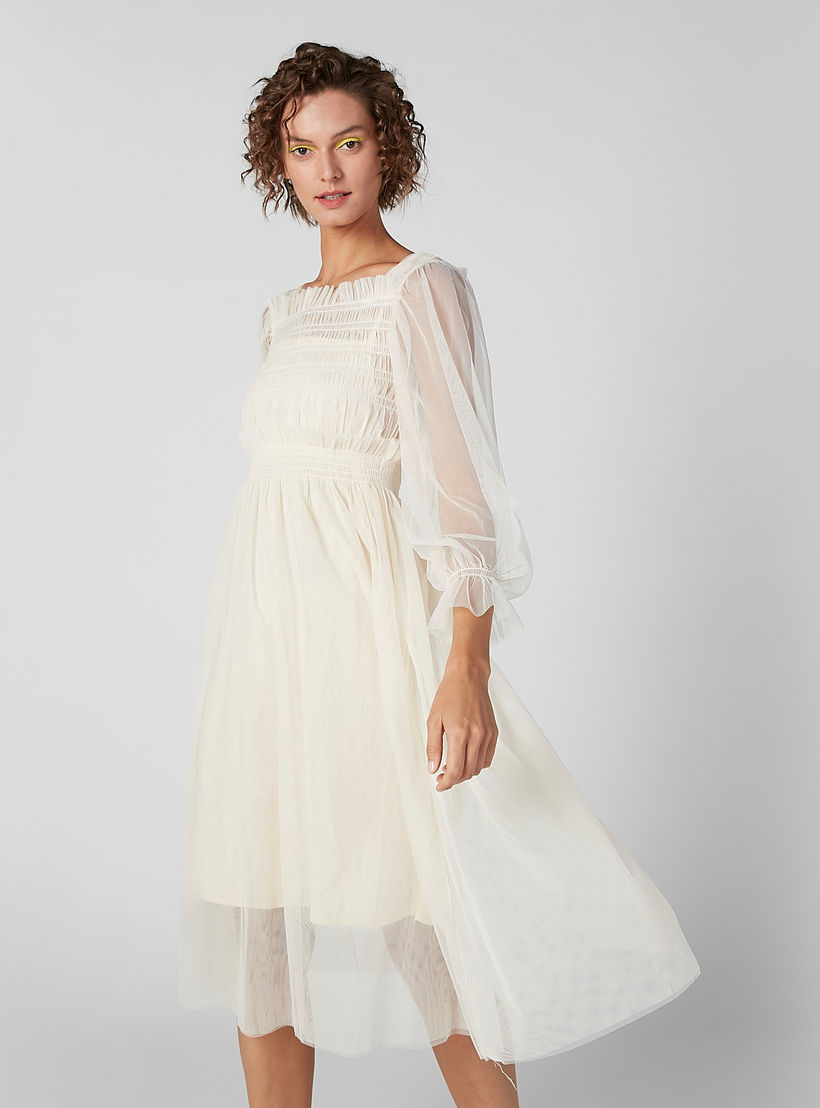 فستان إيه لاين ميدي بارز الملمس بأكمام 3/4 وتفاصيل مطرّزة-women-clothing-dresses-image-1