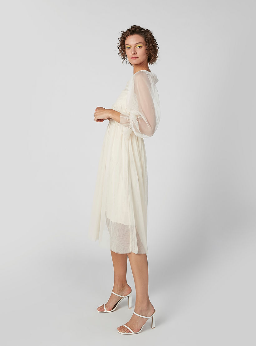 فستان إيه لاين ميدي بارز الملمس بأكمام 3/4 وتفاصيل مطرّزة-women-clothing-dresses-image-3