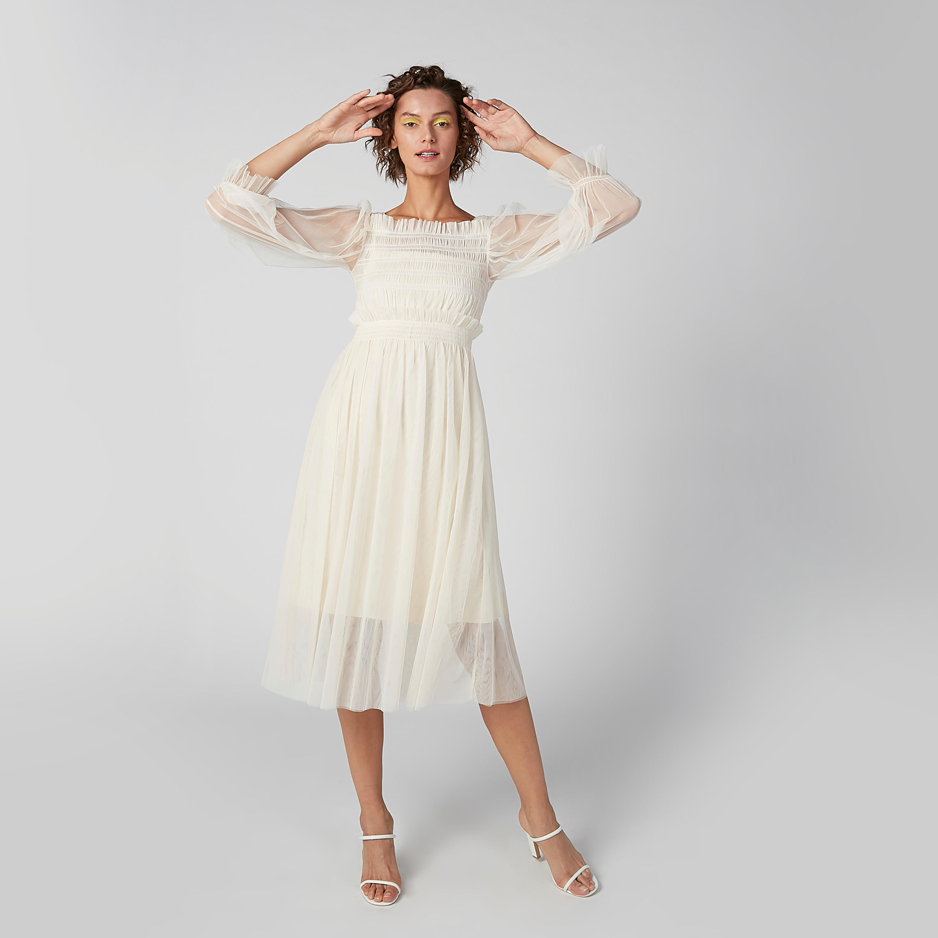 فستان إيه لاين ميدي بارز الملمس بأكمام 3/4 وتفاصيل مطرّزة-women-clothing-dresses-image-5