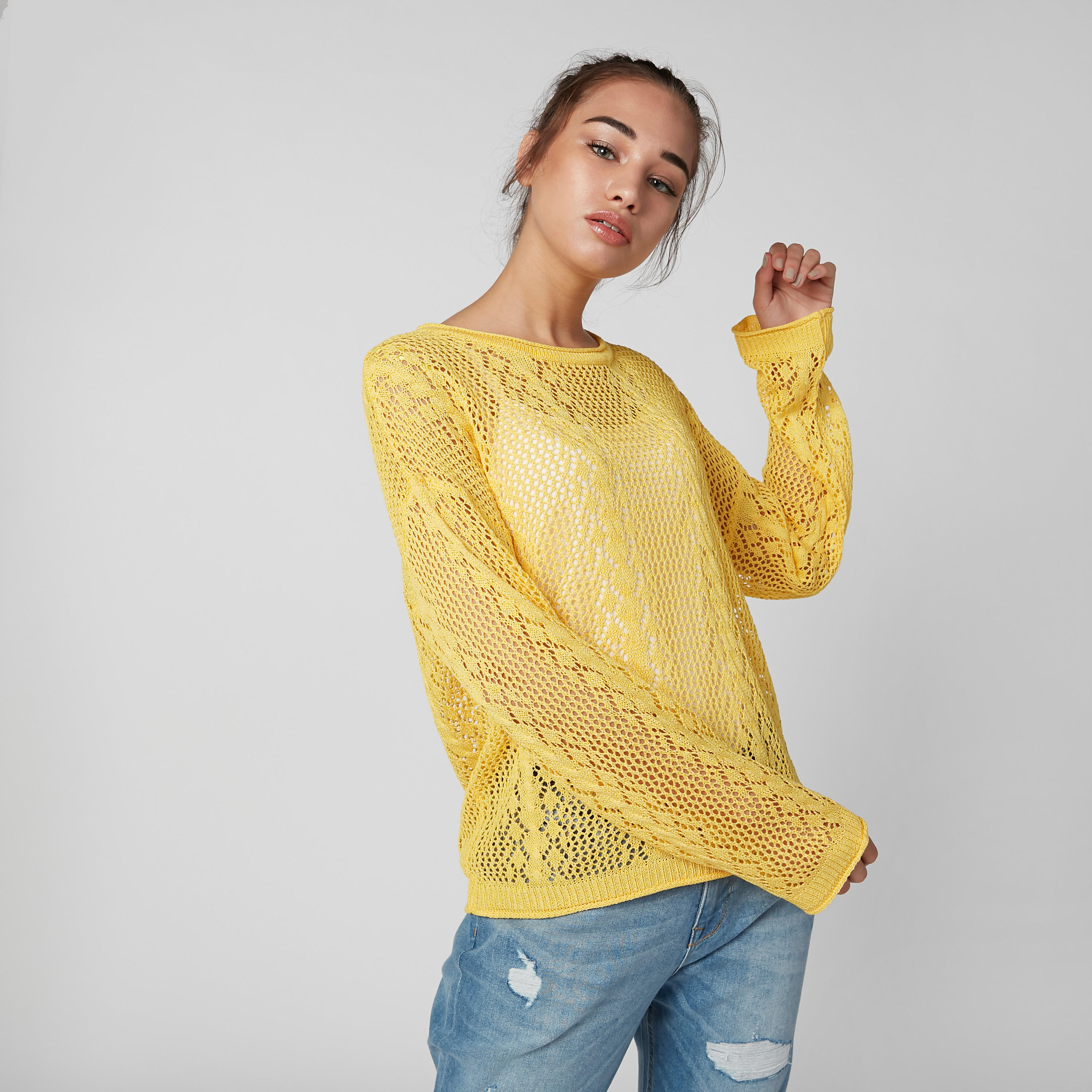 أفرول بارز الملمس بياقة مستديرة وأكتاف منسدلة-women-clothing-cardigansandjumpers-jumpers-image-1