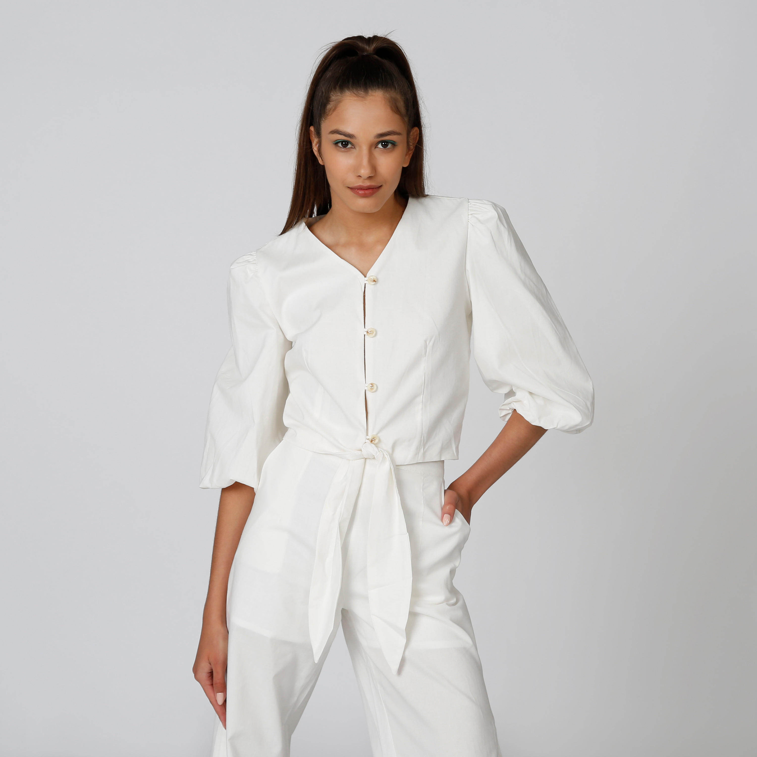 Plain Top with V-neck and Tie Ups-women-clothing-shirtsandblouses-blouses-image-1