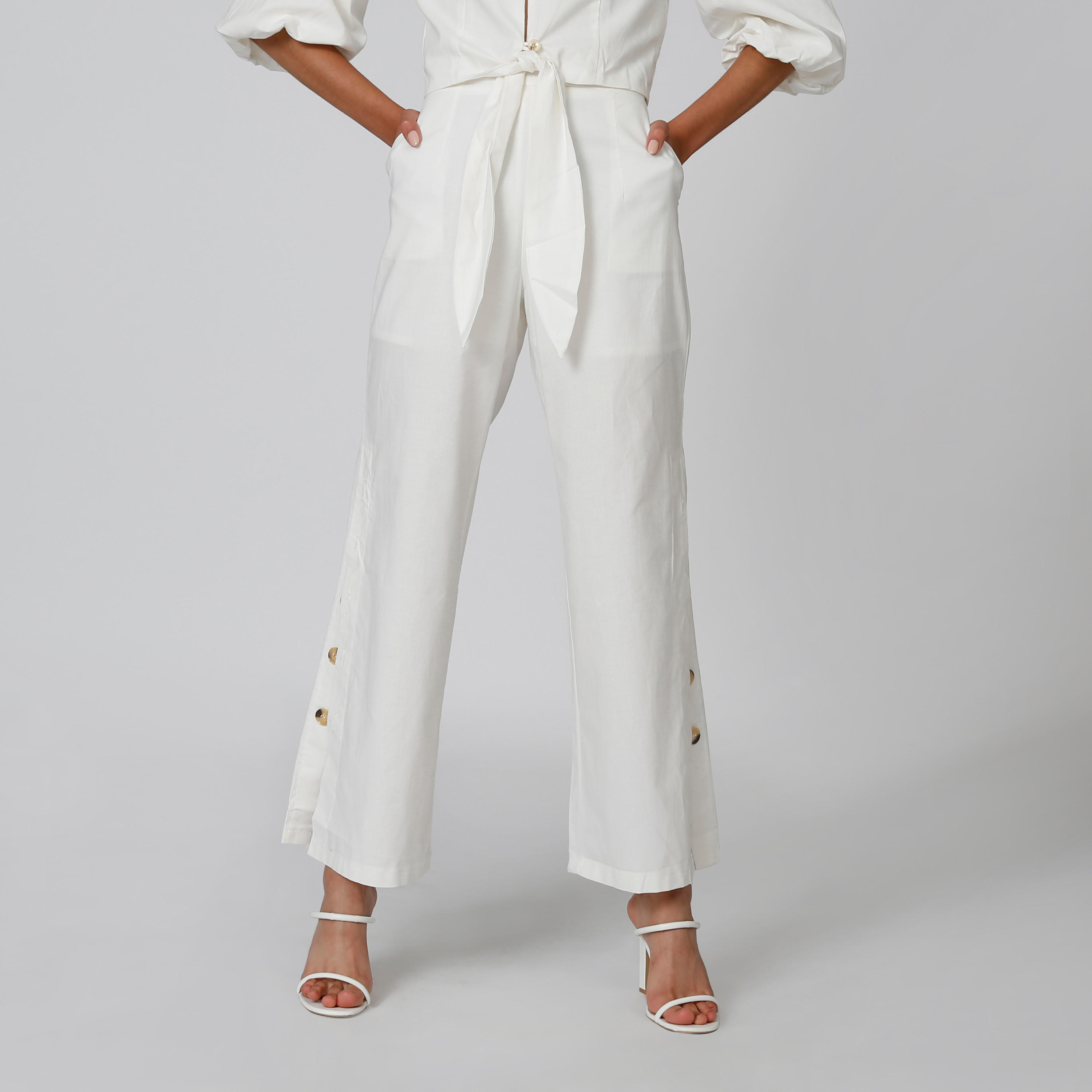 Wide Fit Plain Palazzo Pants with Side Slit and Button Detail-women-clothing-bottoms-trousers-image-3