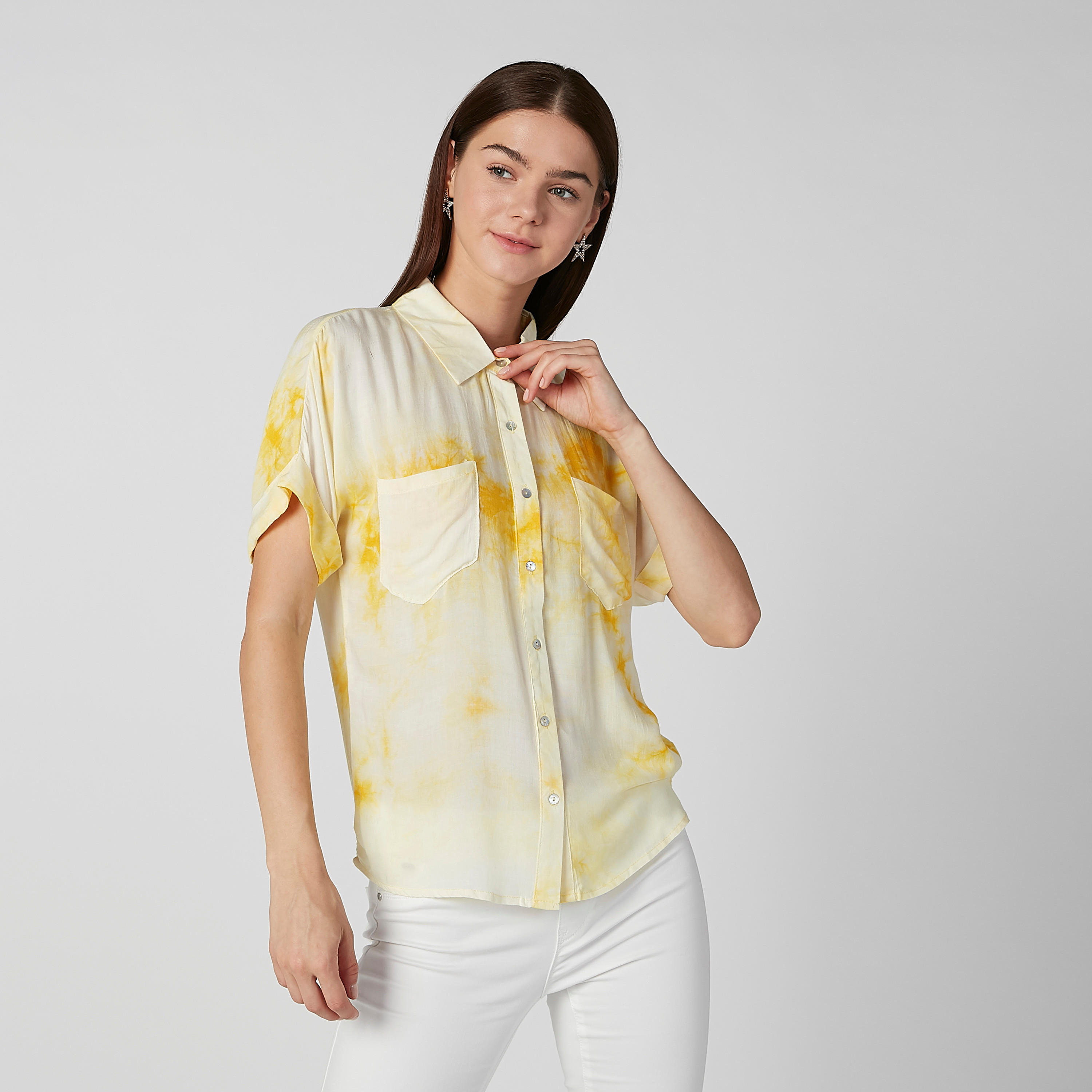 Printed Shirt with Spread Collar and Chest Pockets-women-clothing-shirtsandblouses-shirts-image-1