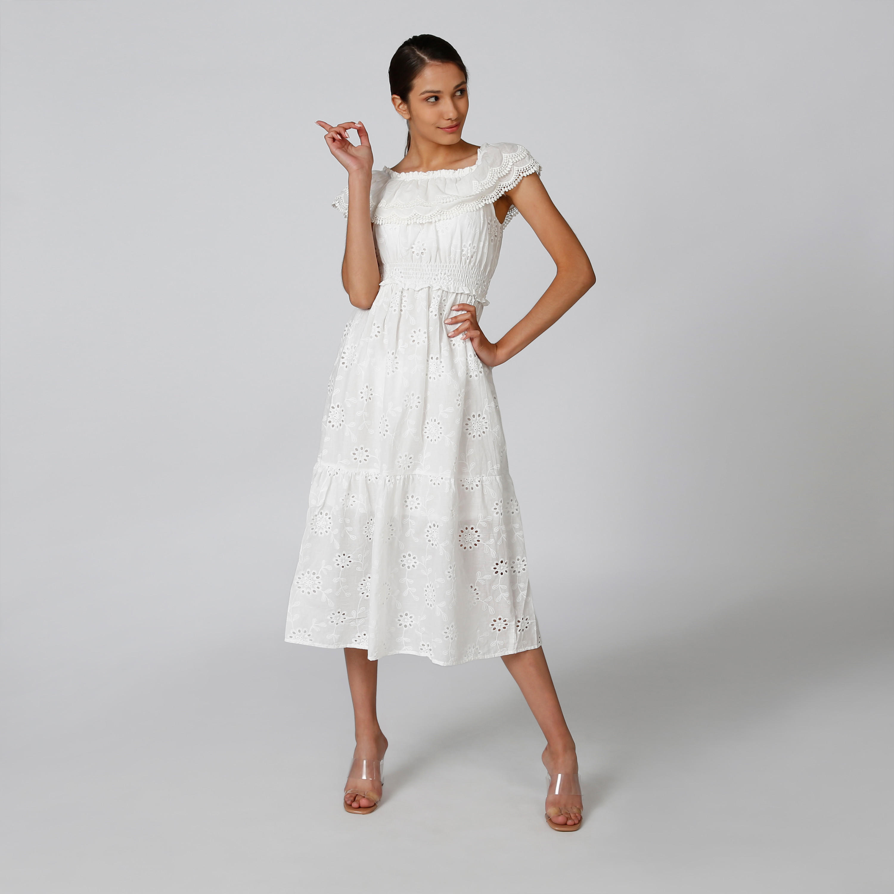 فستان ميدي شيفلي بأكمام كاب ودرزات-women-clothing-dresses-image-1