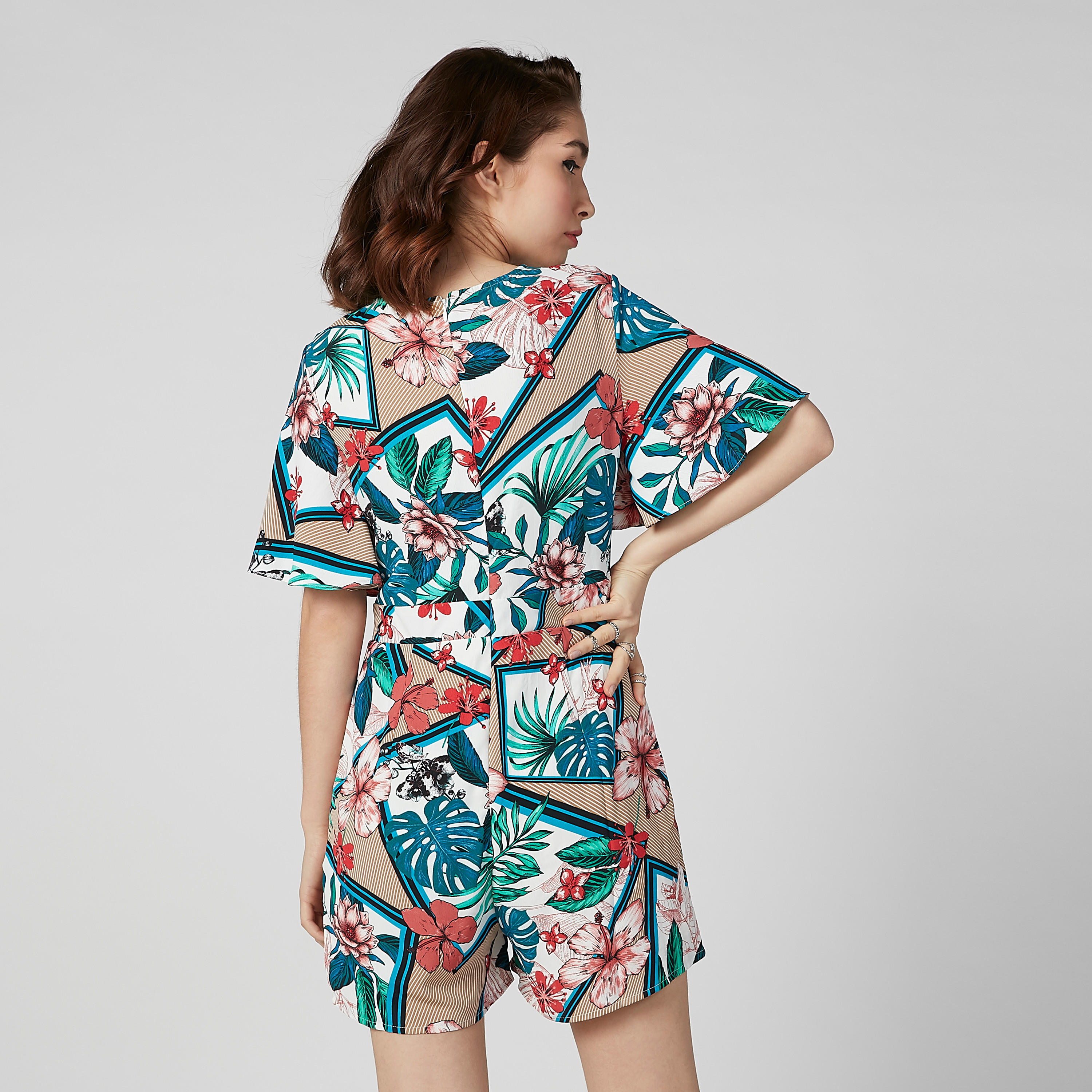 Floral Printed Playsuit with V-neck and Flared Sleeves-women-clothing-jumpsuits-image-3