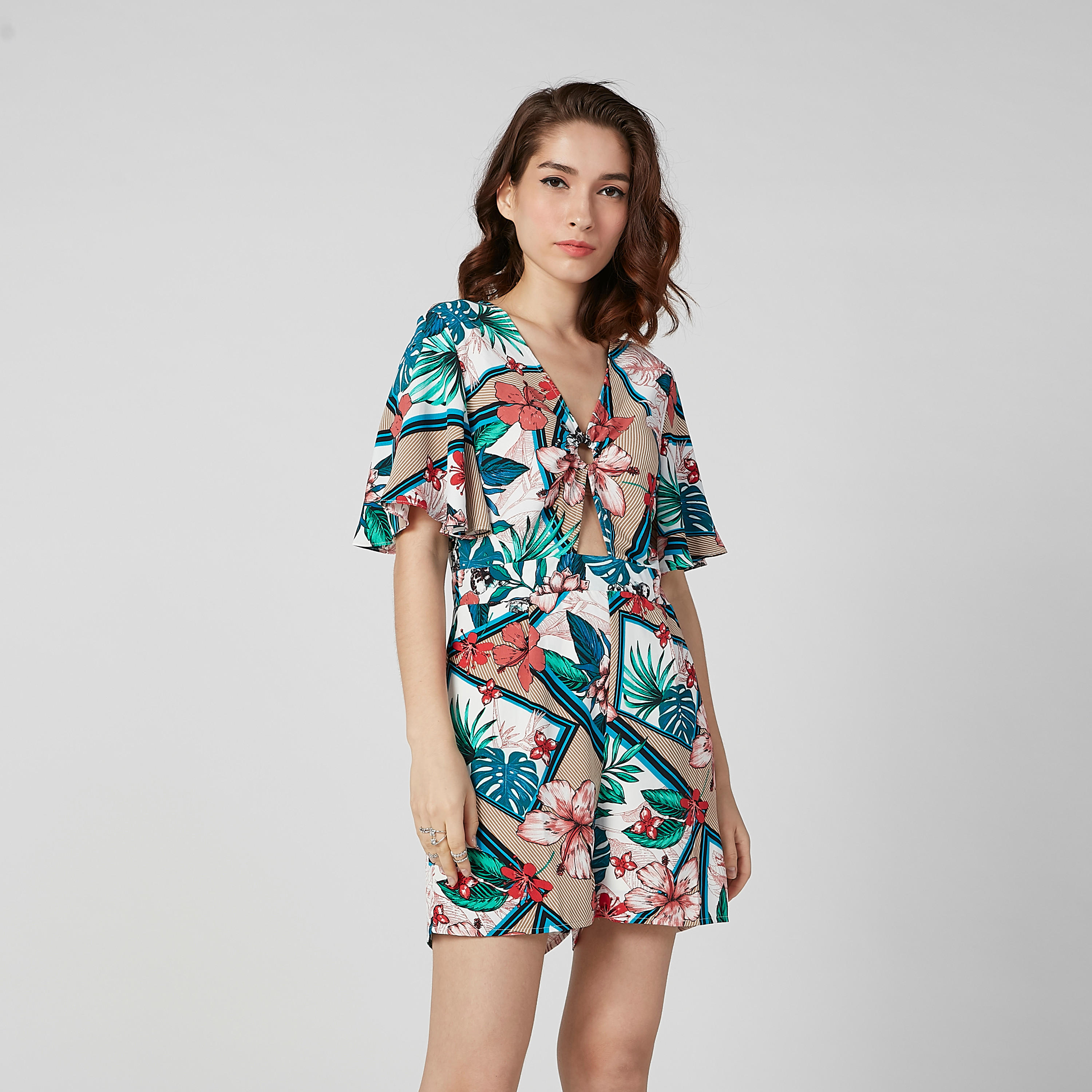 Floral Printed Playsuit with V-neck and Flared Sleeves-women-clothing-jumpsuits-image-4