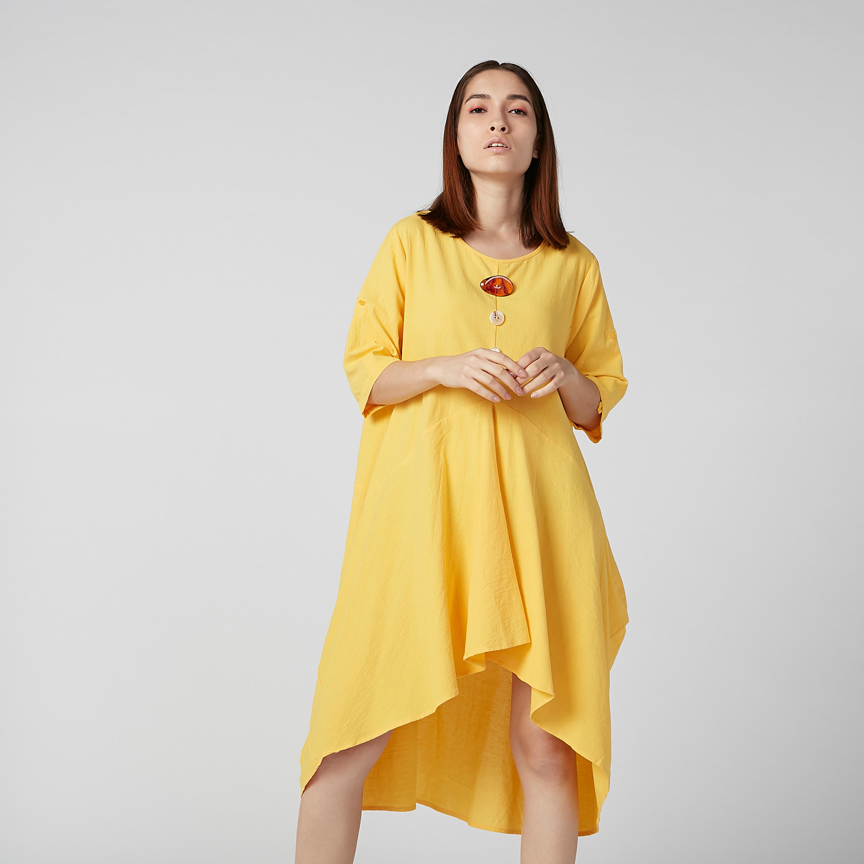 فستان ميدي سادة بأكمام 3/4 وحواف غير مستوية-women-clothing-dresses-image-1