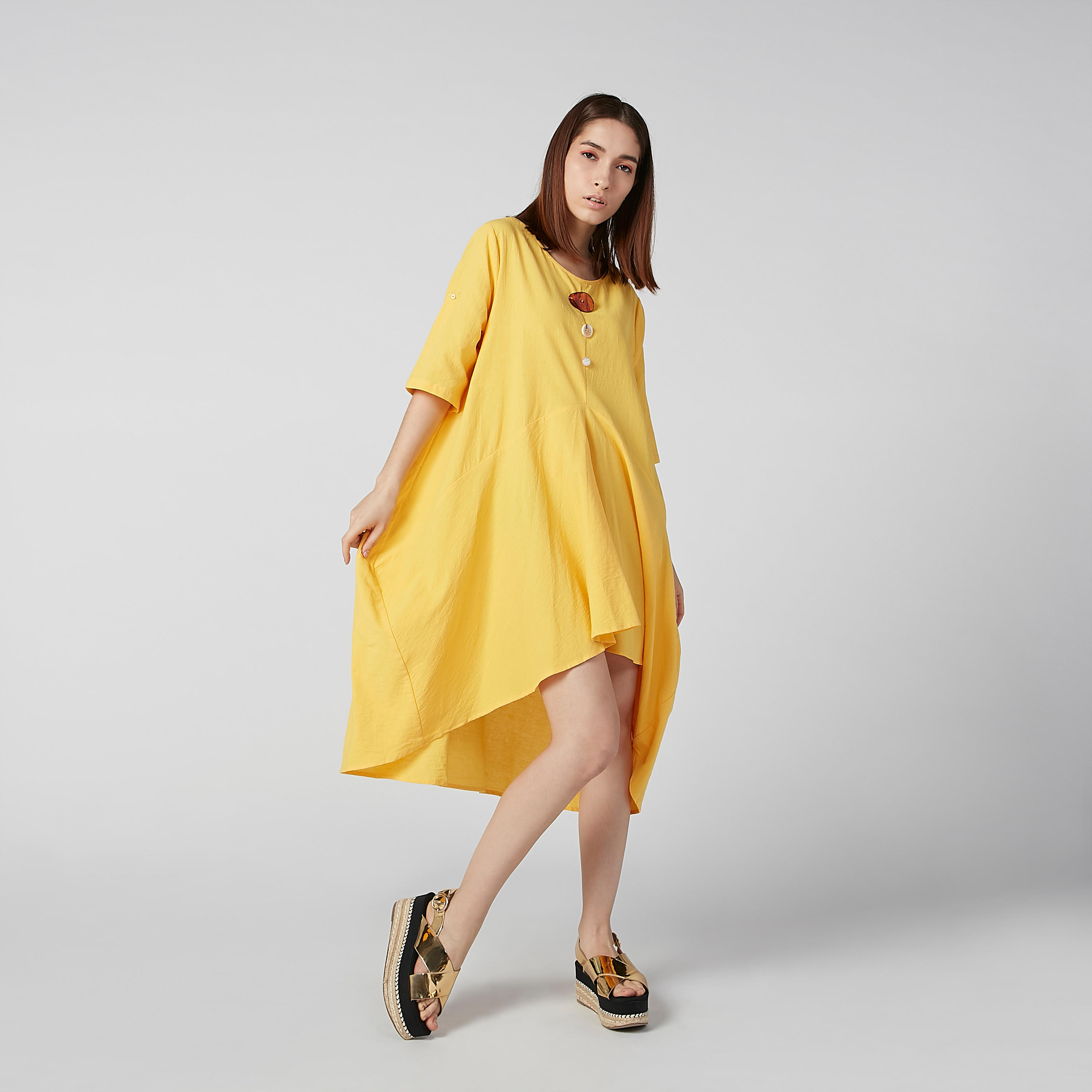 فستان ميدي سادة بأكمام 3/4 وحواف غير مستوية-women-clothing-dresses-image-2