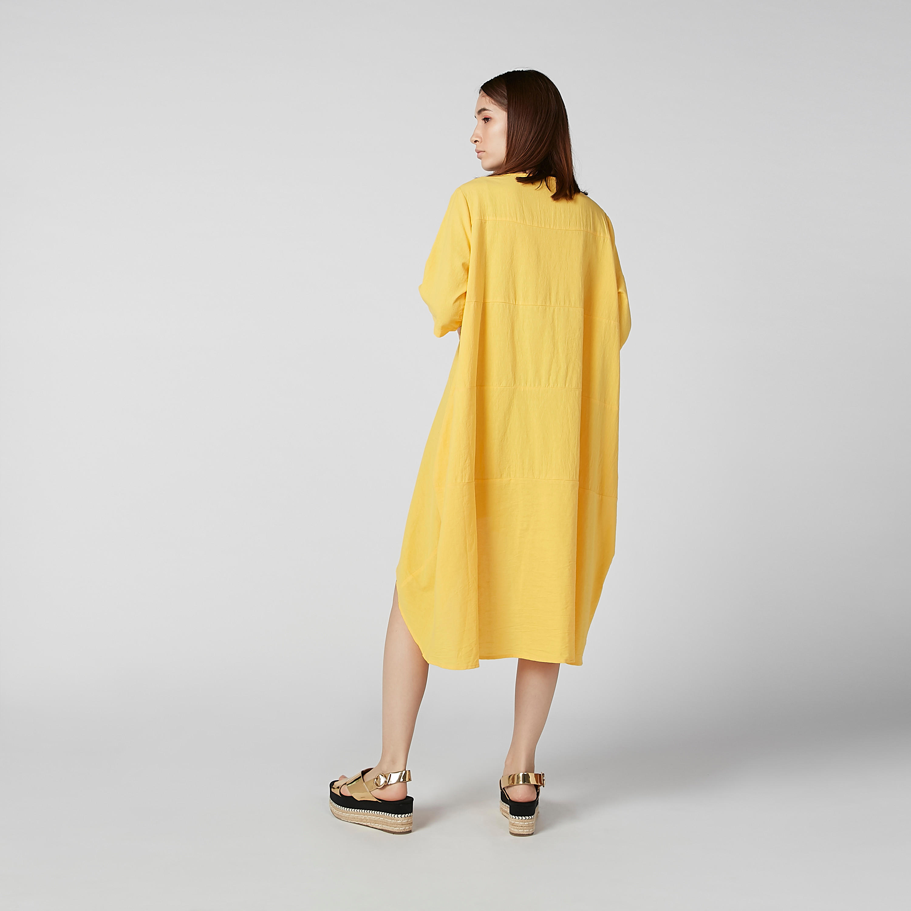 فستان ميدي سادة بأكمام 3/4 وحواف غير مستوية-women-clothing-dresses-image-3