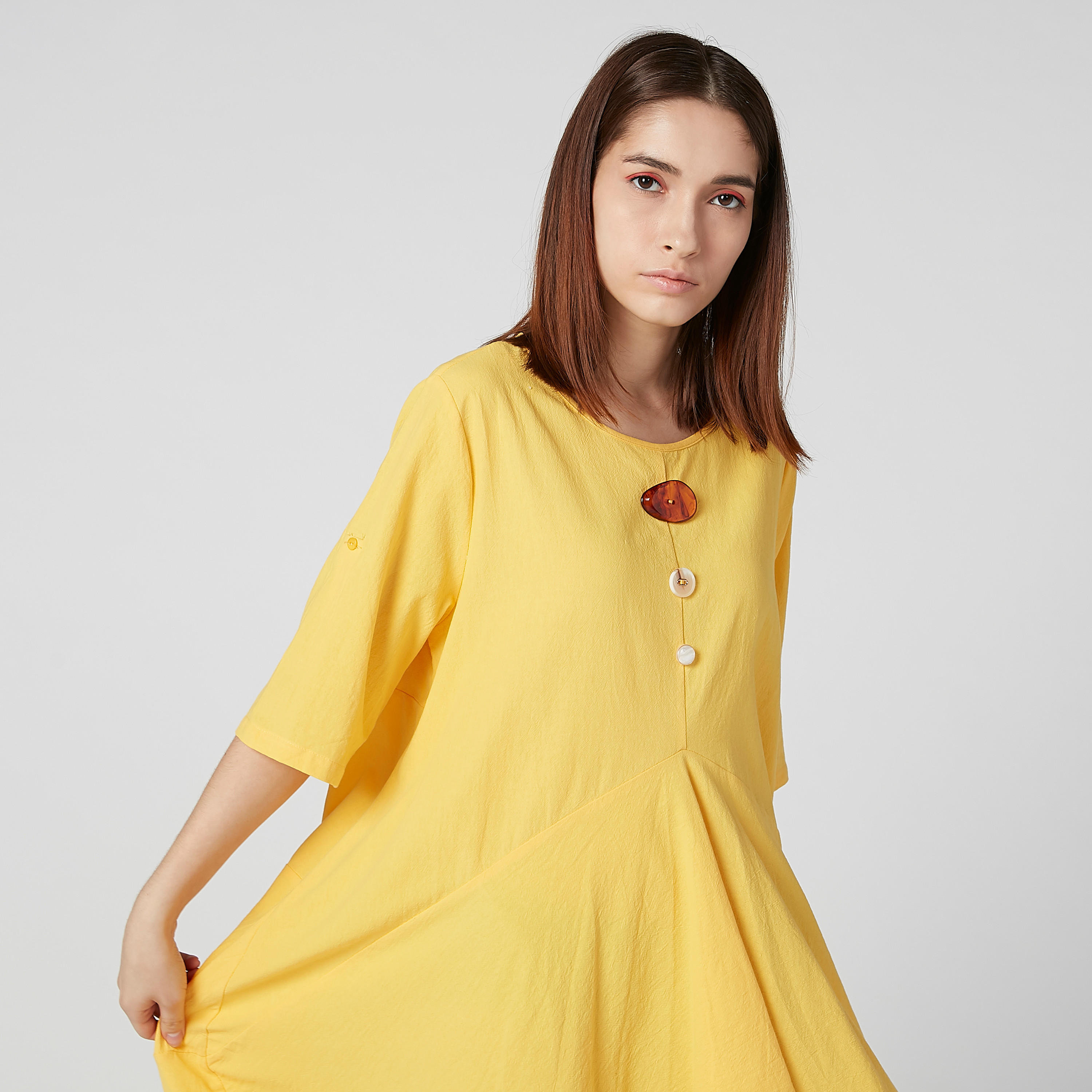 فستان ميدي سادة بأكمام 3/4 وحواف غير مستوية-women-clothing-dresses-image-4