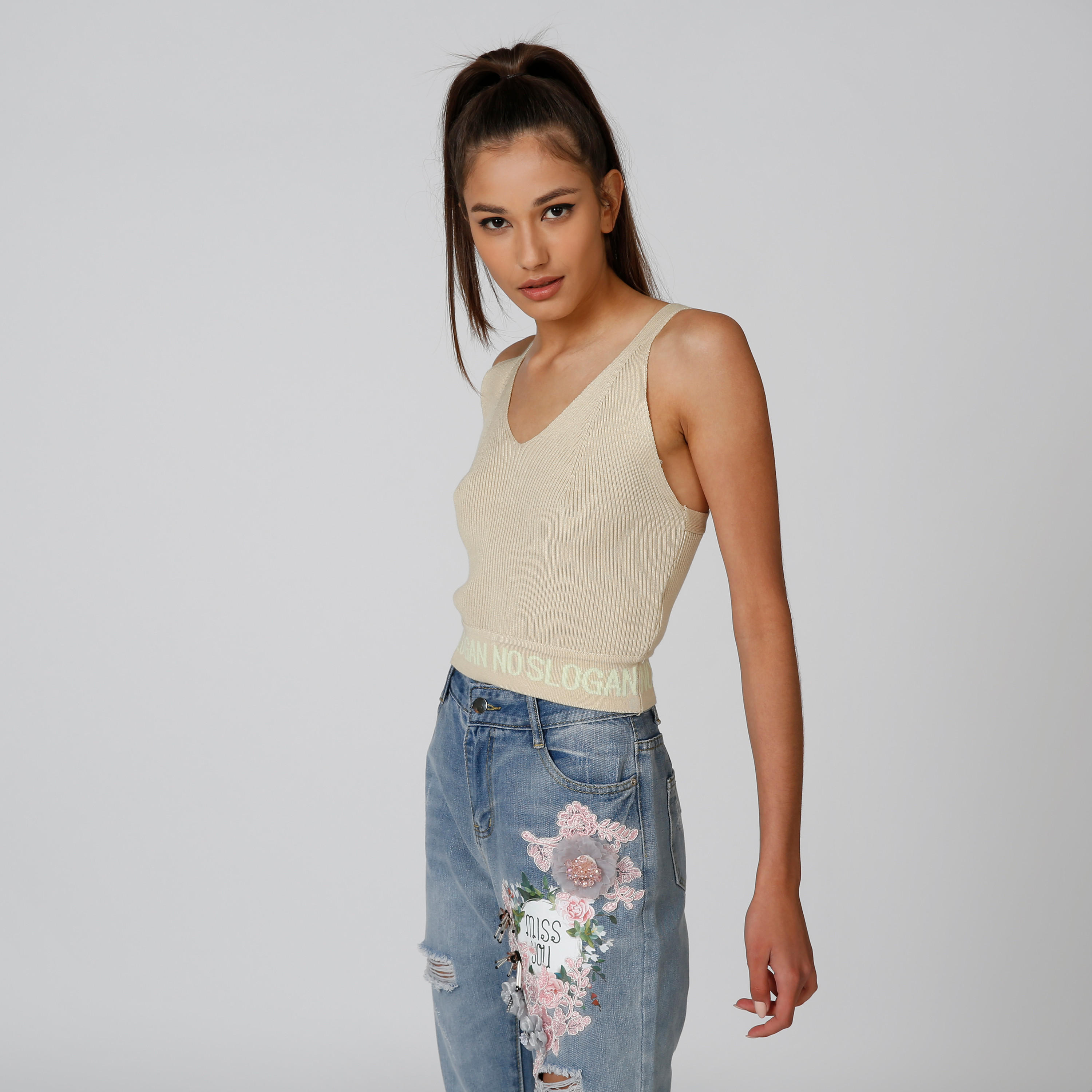 Textured Sleeveless Top with V-neck and Printed Hem-women-clothing-shirtsandblouses-blouses-image-1