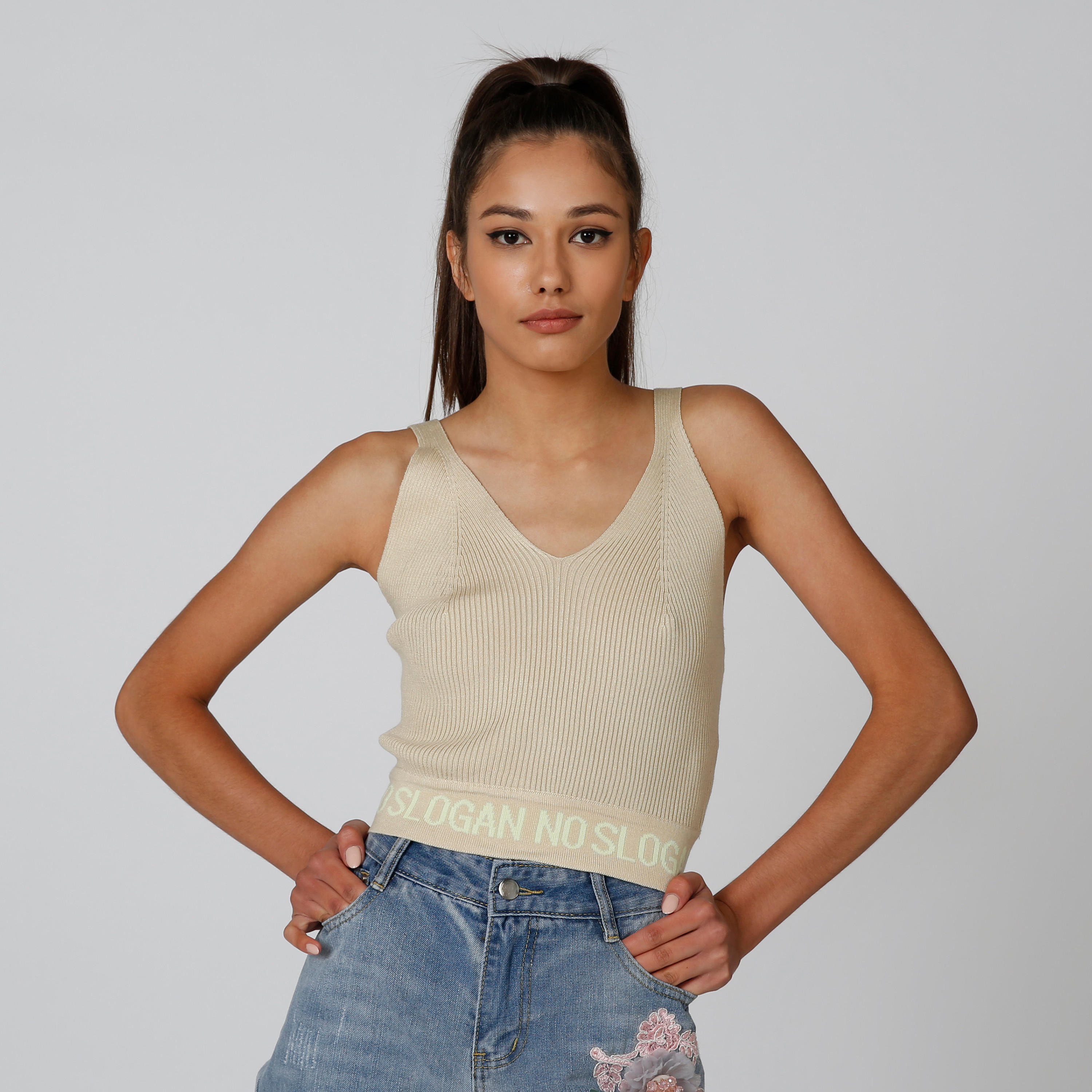 Textured Sleeveless Top with V-neck and Printed Hem-women-clothing-shirtsandblouses-blouses-image-3