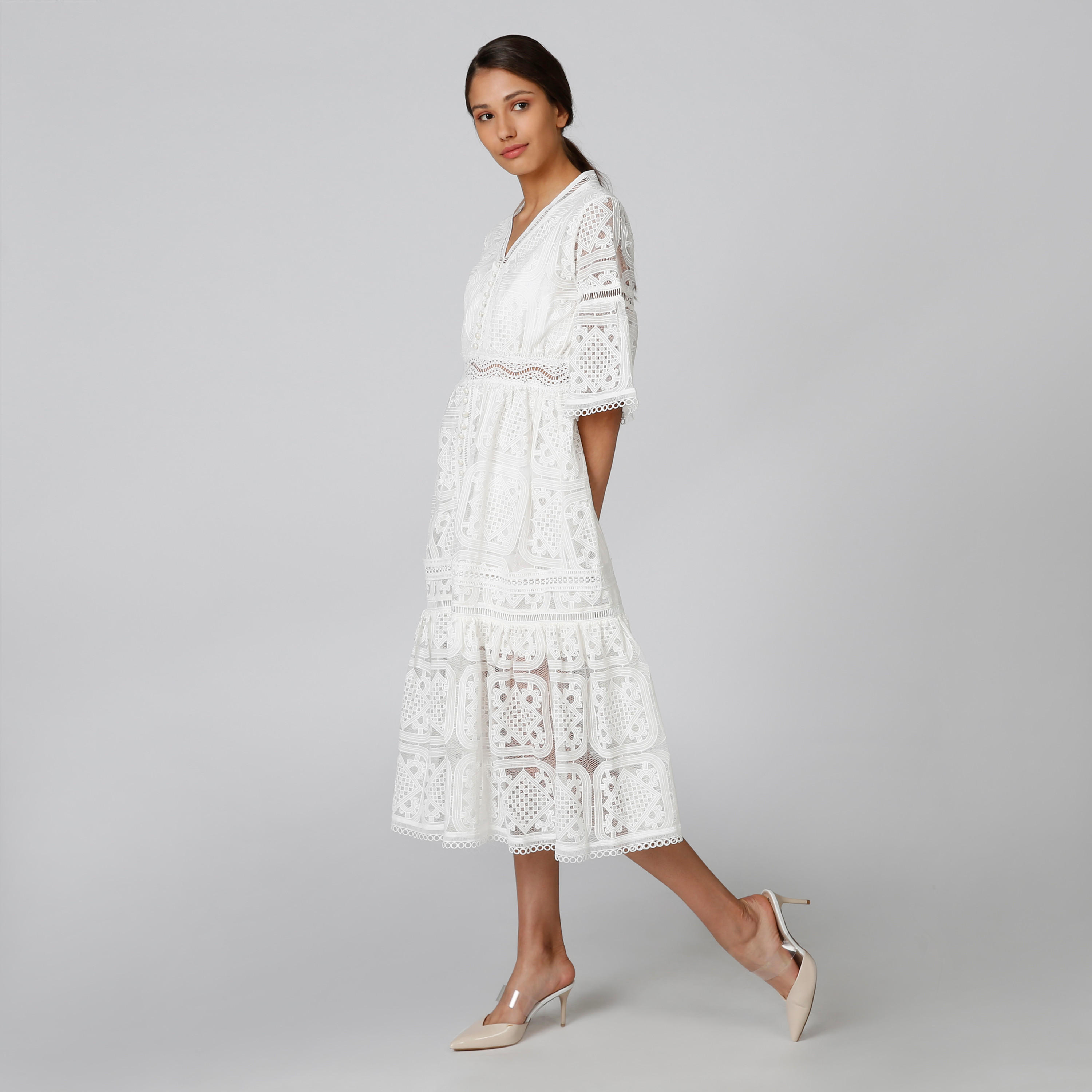 Textured Midi A-line Dress with Short Sleeves-women-clothing-dresses-image-1