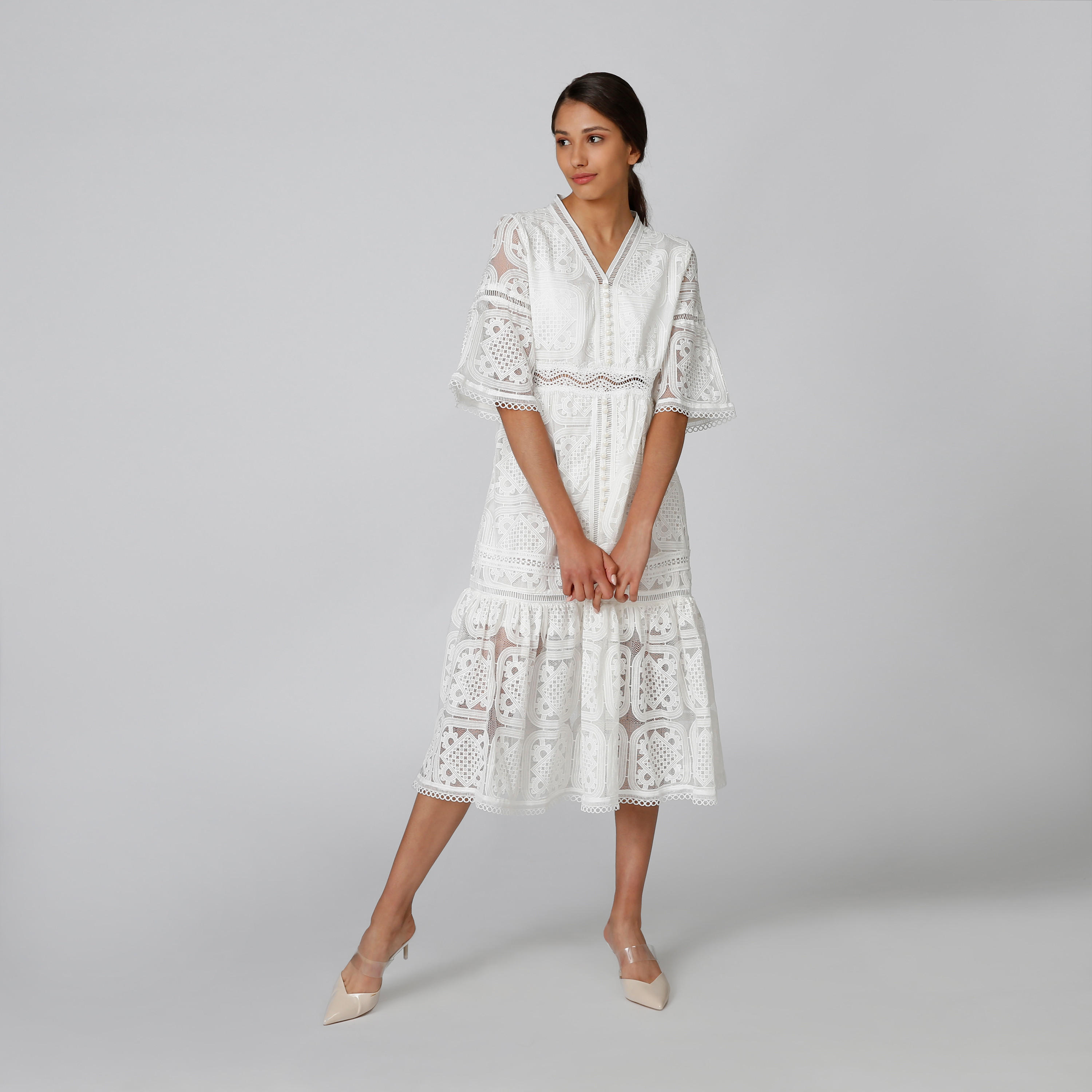 فستان ميدي إيه لاين بارز الملمس بأكمام قصيرة-women-clothing-dresses-image-4