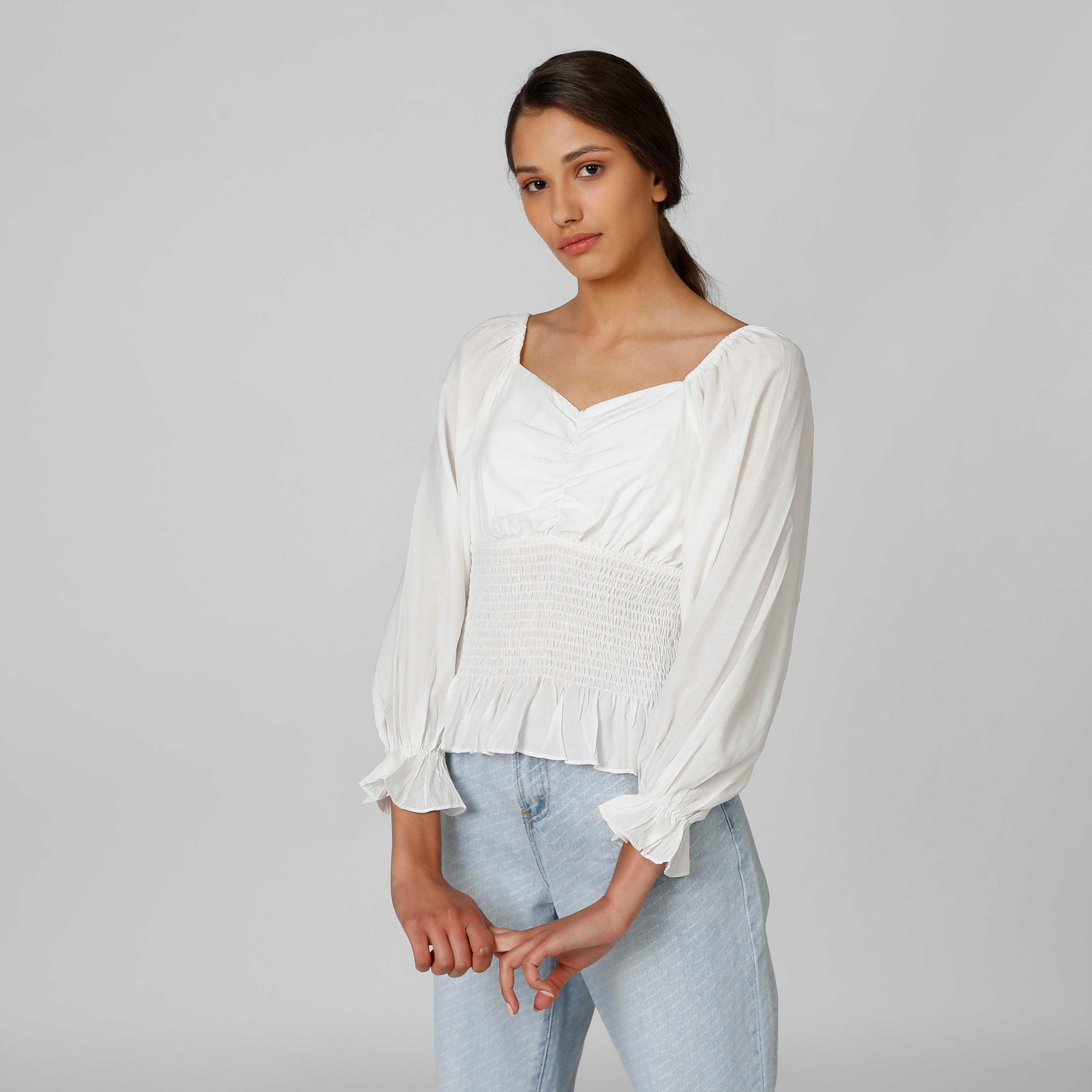 Textured Top with Flounce Sleeves and Smocking Detail-women-clothing-shirtsandblouses-blouses-image-1