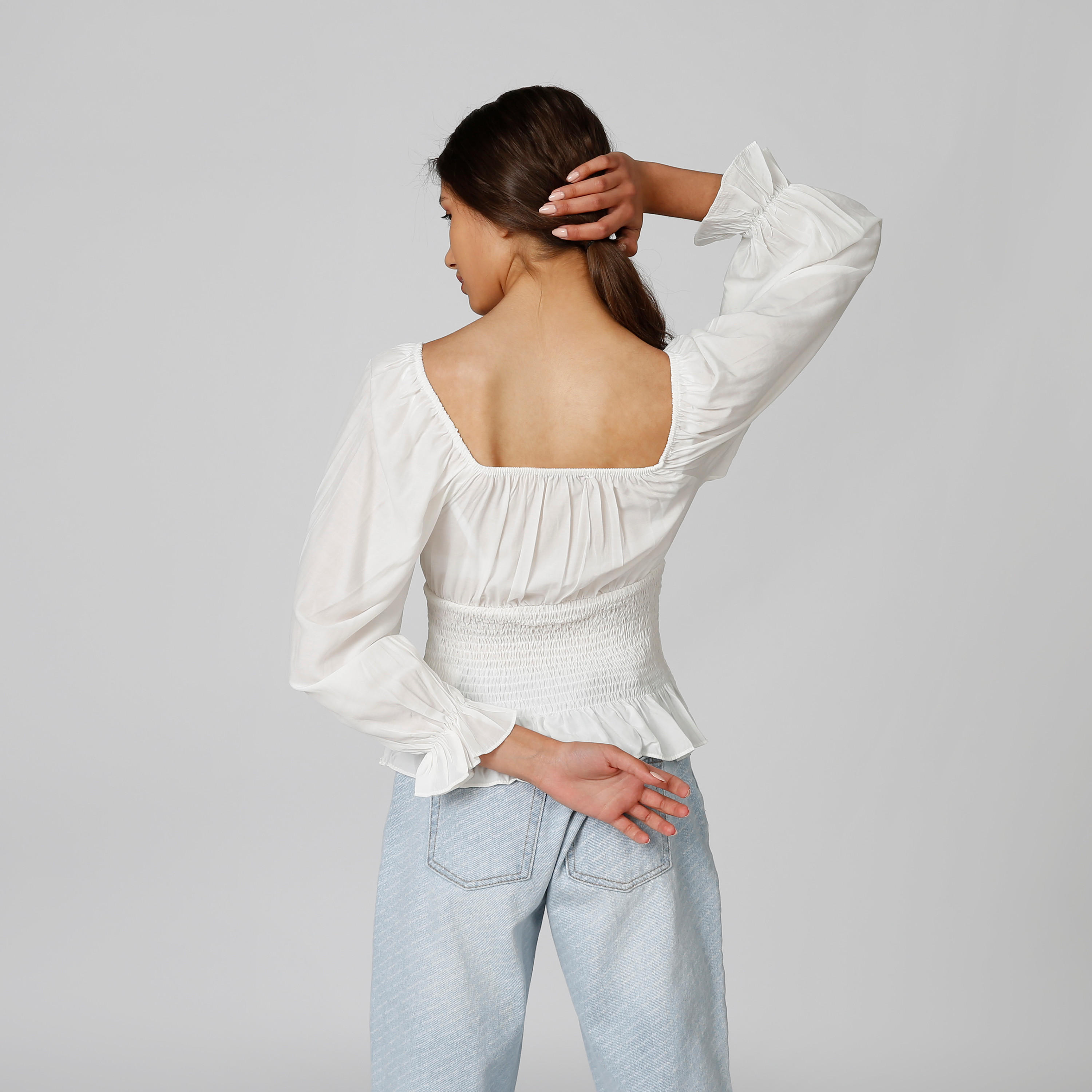 Textured Top with Flounce Sleeves and Smocking Detail-women-clothing-shirtsandblouses-blouses-image-2