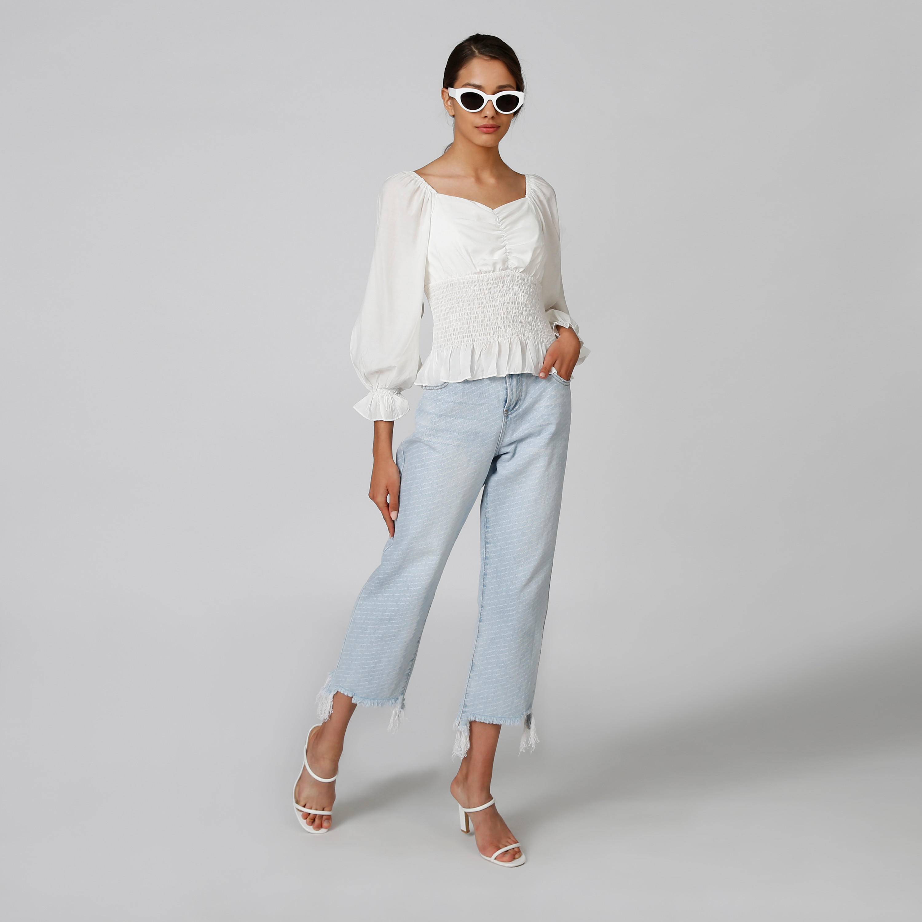 Textured Top with Flounce Sleeves and Smocking Detail-women-clothing-shirtsandblouses-blouses-image-3