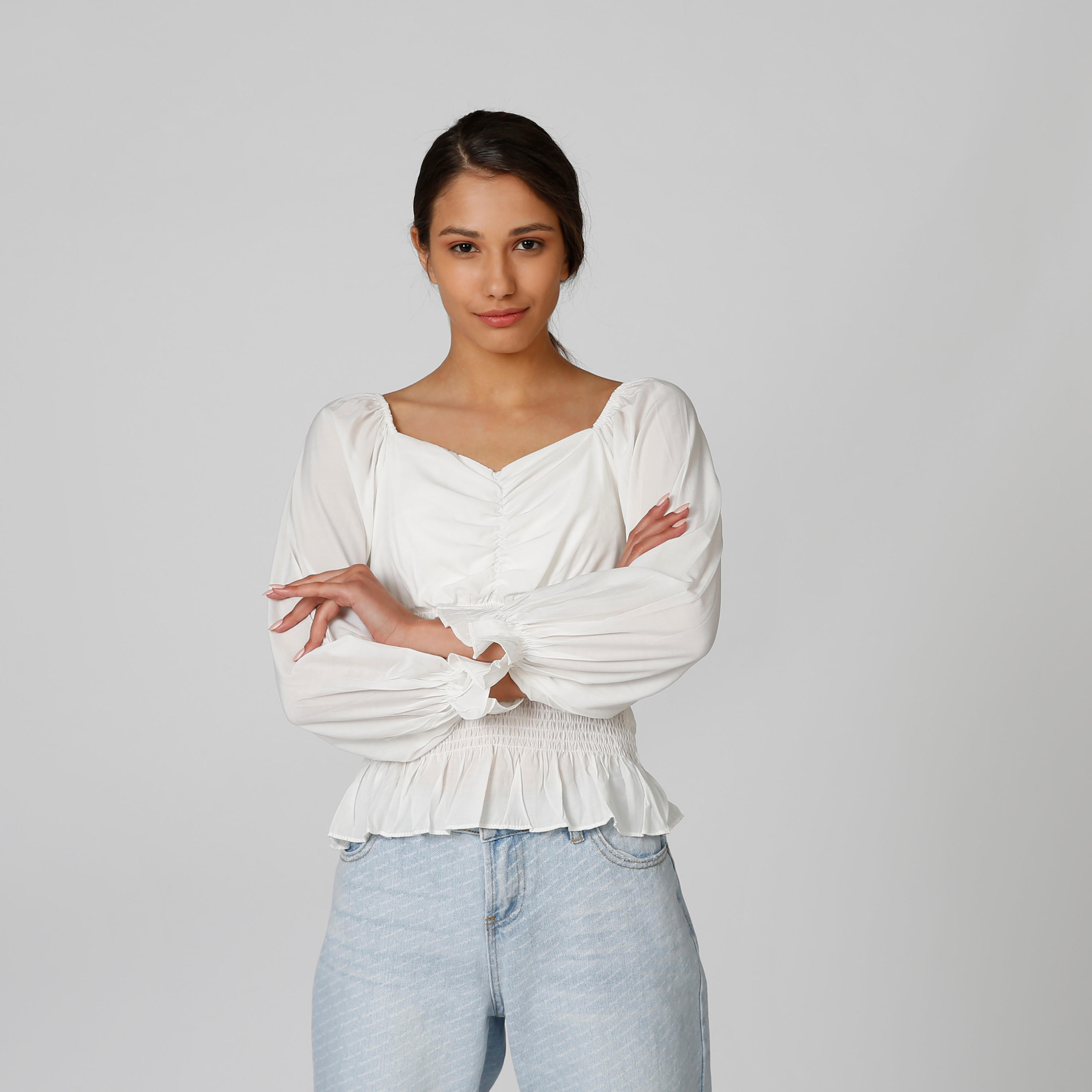 Textured Top with Flounce Sleeves and Smocking Detail-women-clothing-shirtsandblouses-blouses-image-4