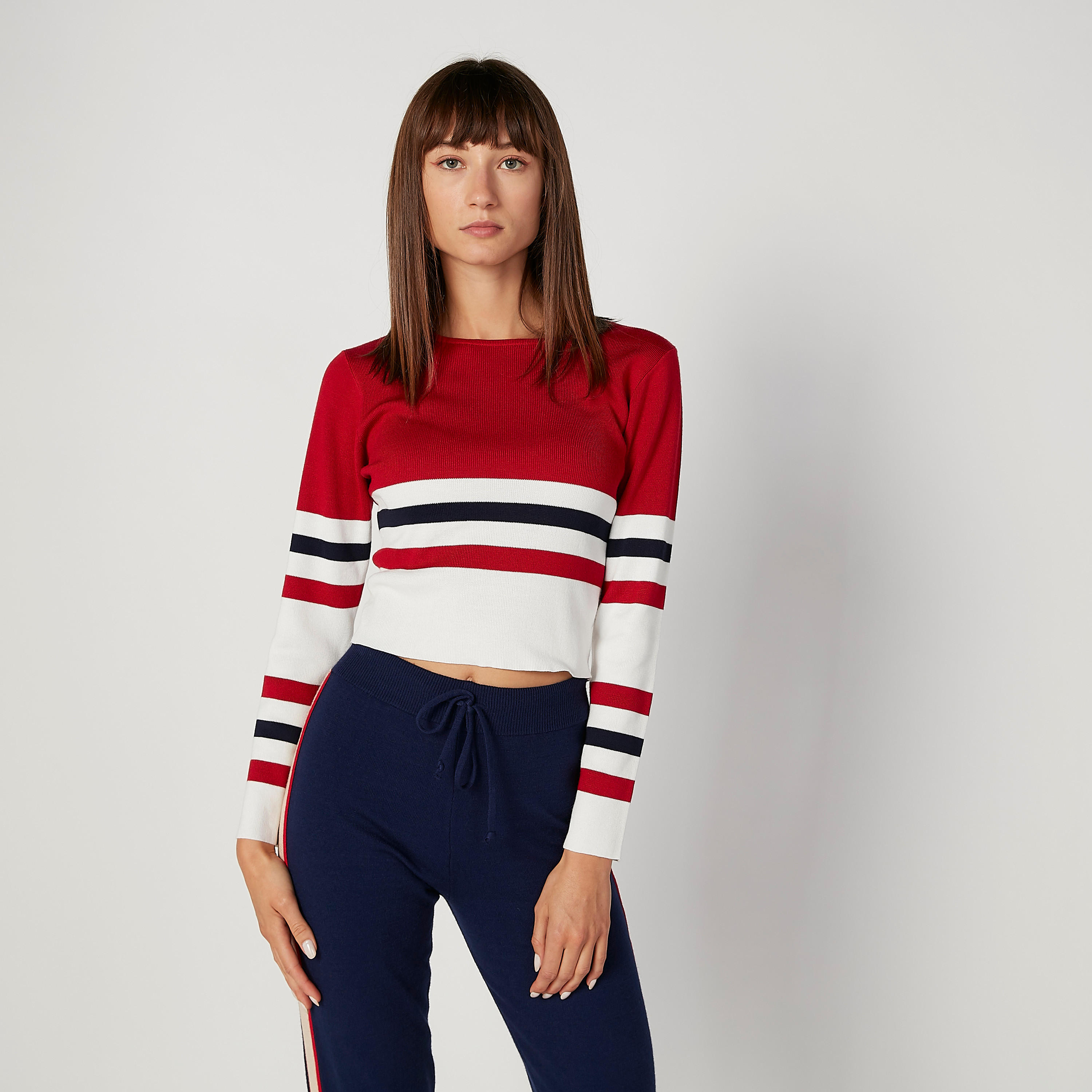 تيشيرت سكيني مقلم بياقة مستديرة وأكمام طويلة-women-clothing-tshirts-image-1