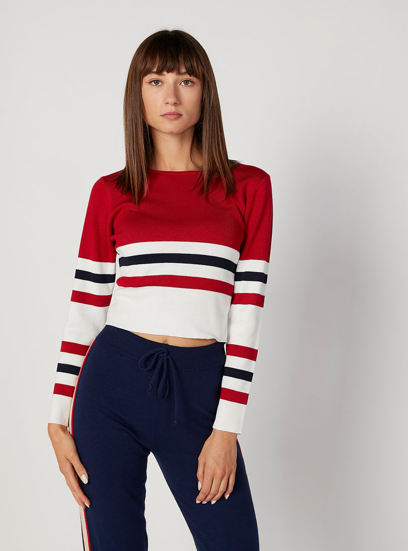 تيشيرت سكيني مقلم بياقة مستديرة وأكمام طويلة-women-clothing-tshirts-image-1