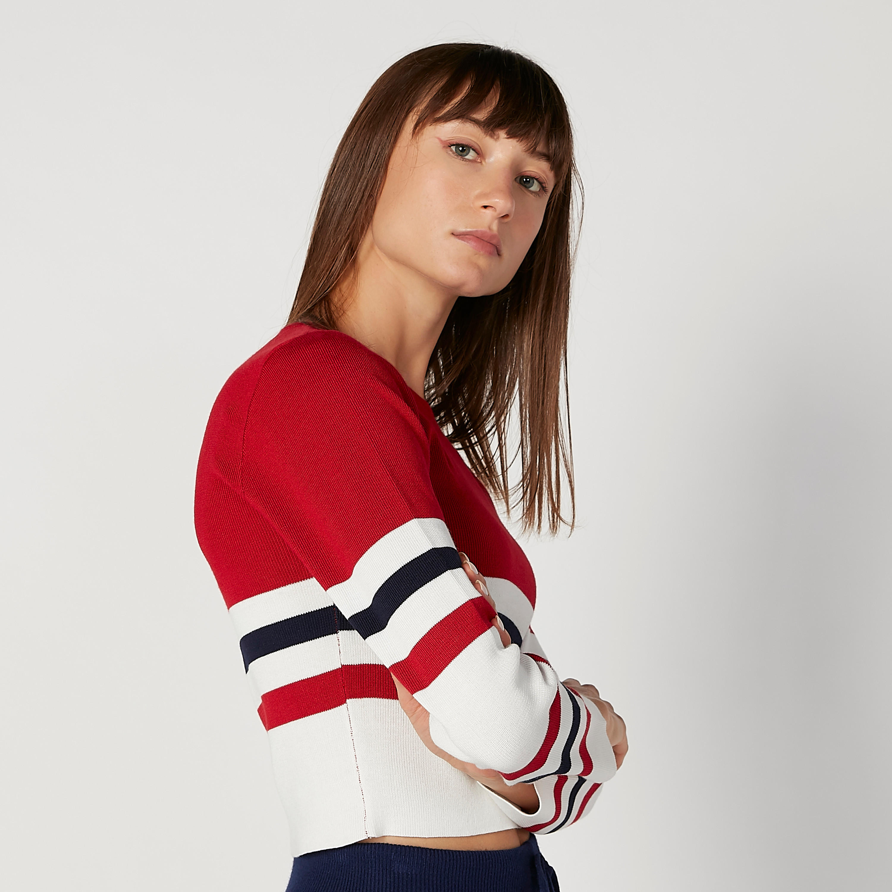 تيشيرت سكيني مقلم بياقة مستديرة وأكمام طويلة-women-clothing-tshirts-image-4