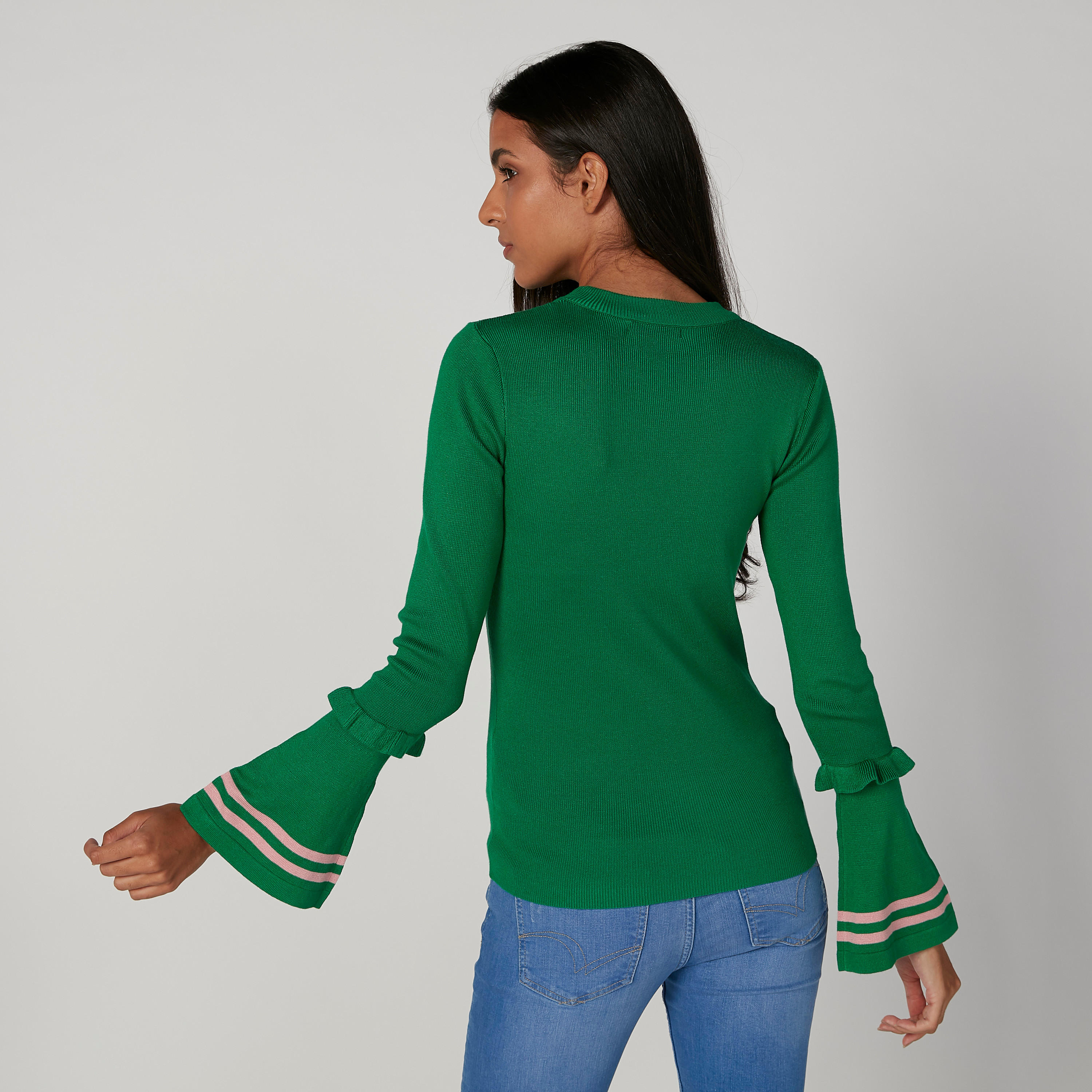 كنزة بقصة سكيني بارزة الملمس وياقة مستديرة وأكمام واسعة-women-clothing-cardigansandjumpers-jumpers-image-2