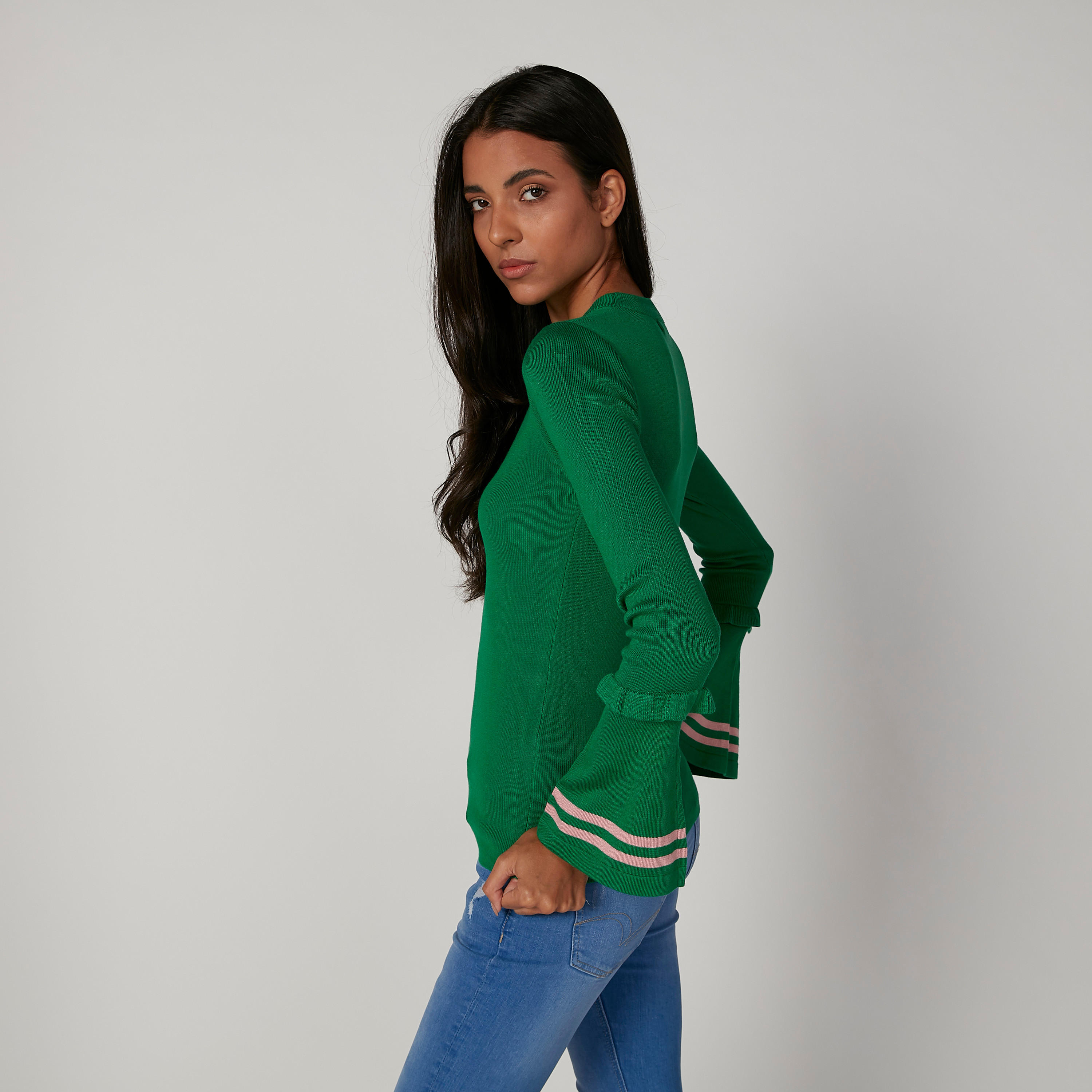 كنزة بقصة سكيني بارزة الملمس وياقة مستديرة وأكمام واسعة-women-clothing-cardigansandjumpers-jumpers-image-4