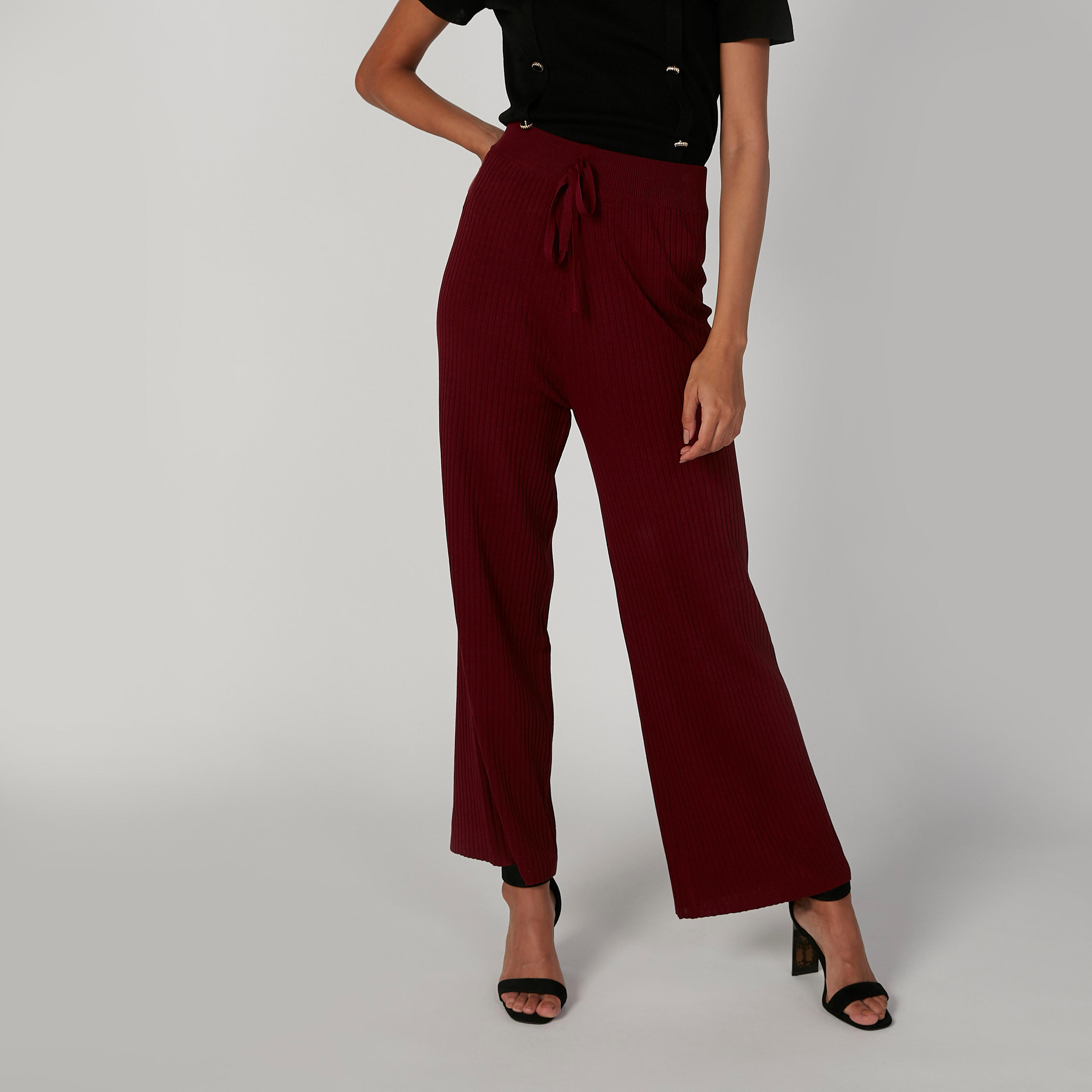بنطلون بالازو بارز الملمس بقصّة واسعة وخصر مطّاطي مرن-women-clothing-bottoms-trousers-image-1