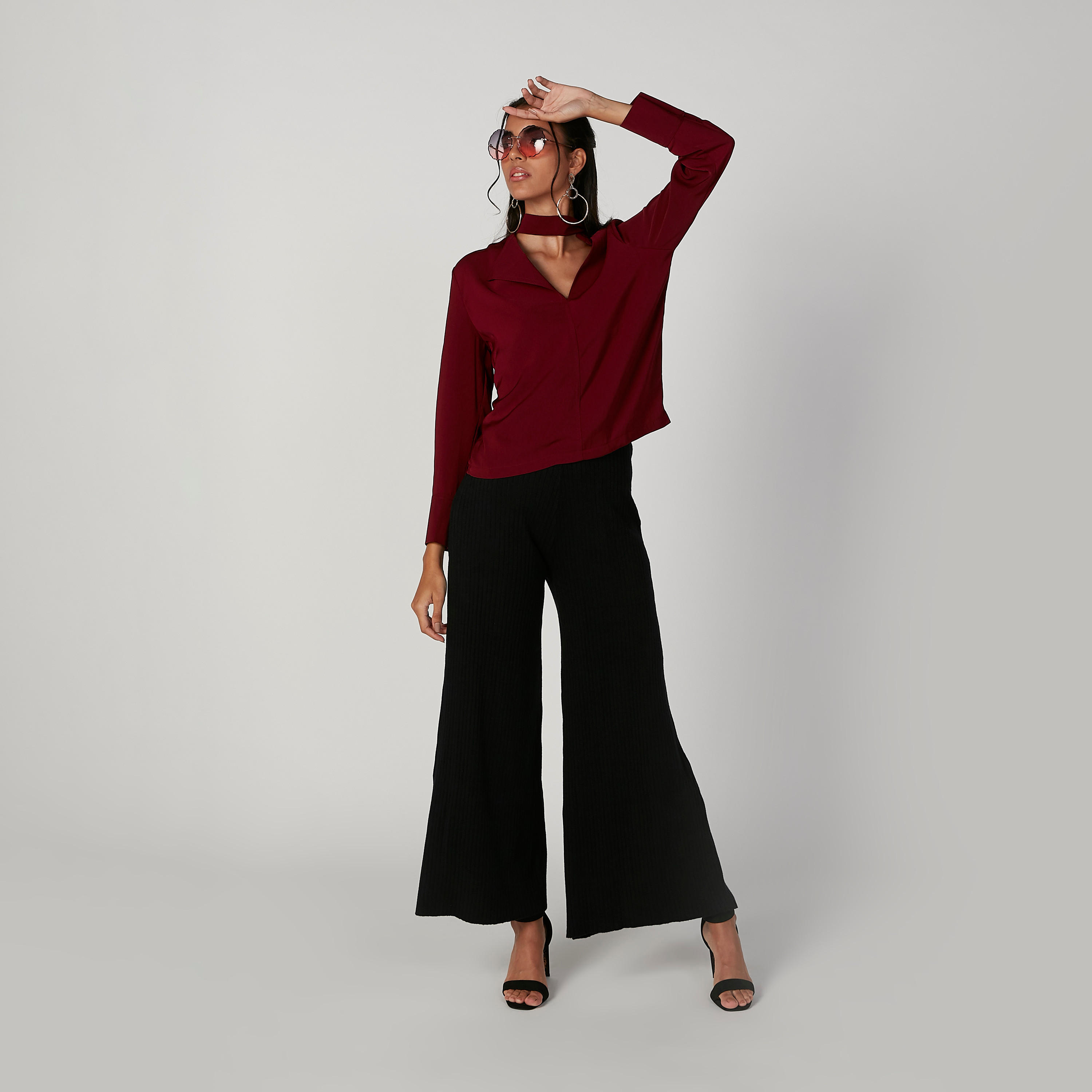 بنطلون بالازو سادة بخصر مطّاطي مرن-women-clothing-bottoms-trousers-image-4