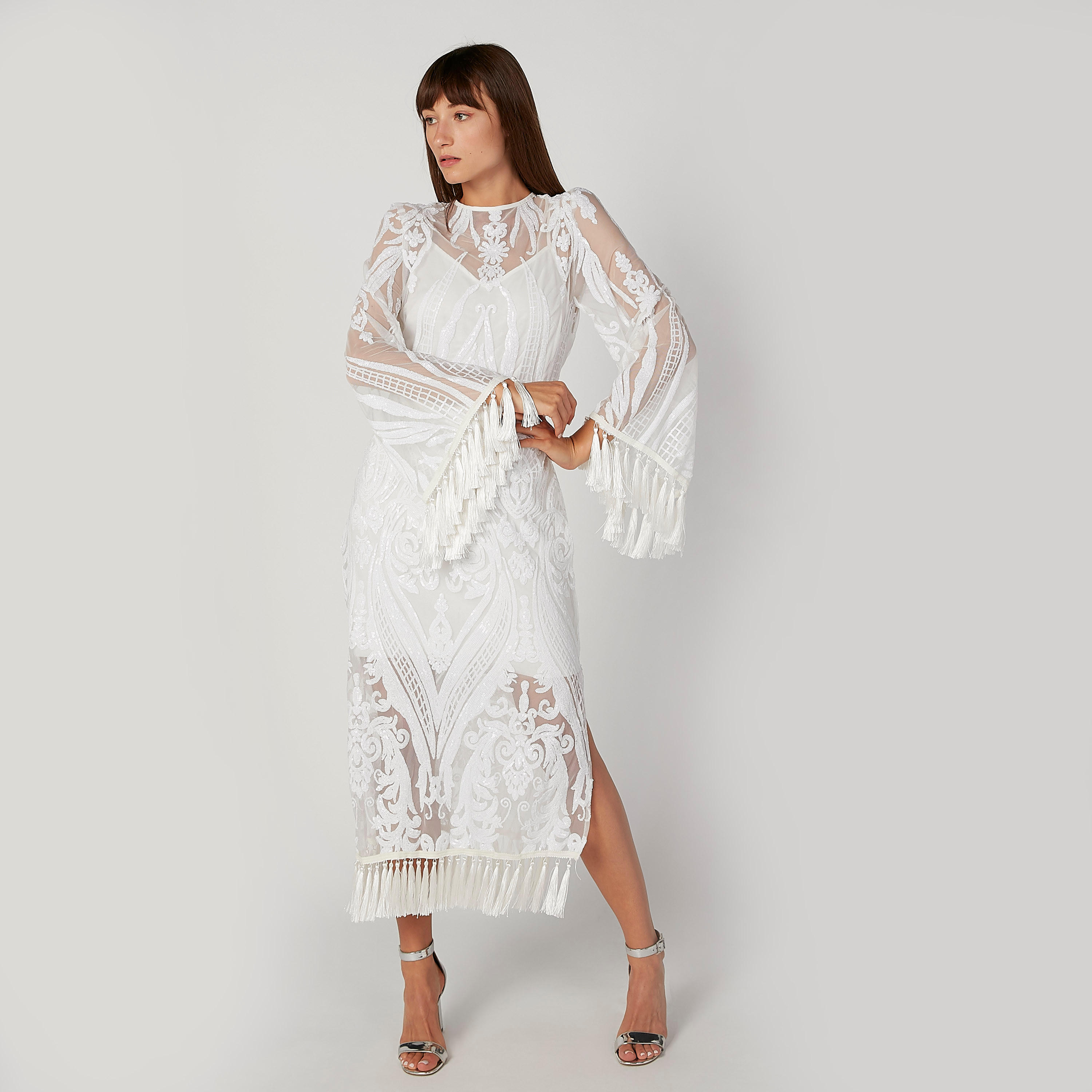 فستان دانتيل ميدي إيه لاين بأكمام طويلة وفتحة جانبية-women-clothing-dresses-image-3