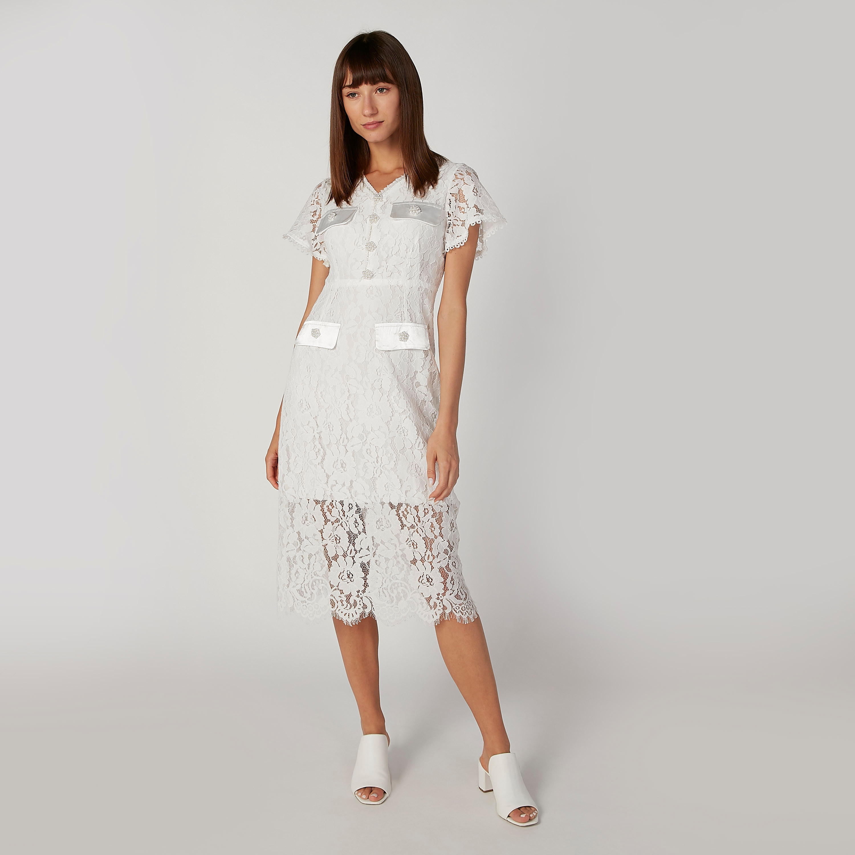 فستان دانتيل ميدي إيه لاين بأكمام قصيرة وجيوب بطيّة-women-clothing-dresses-image-1
