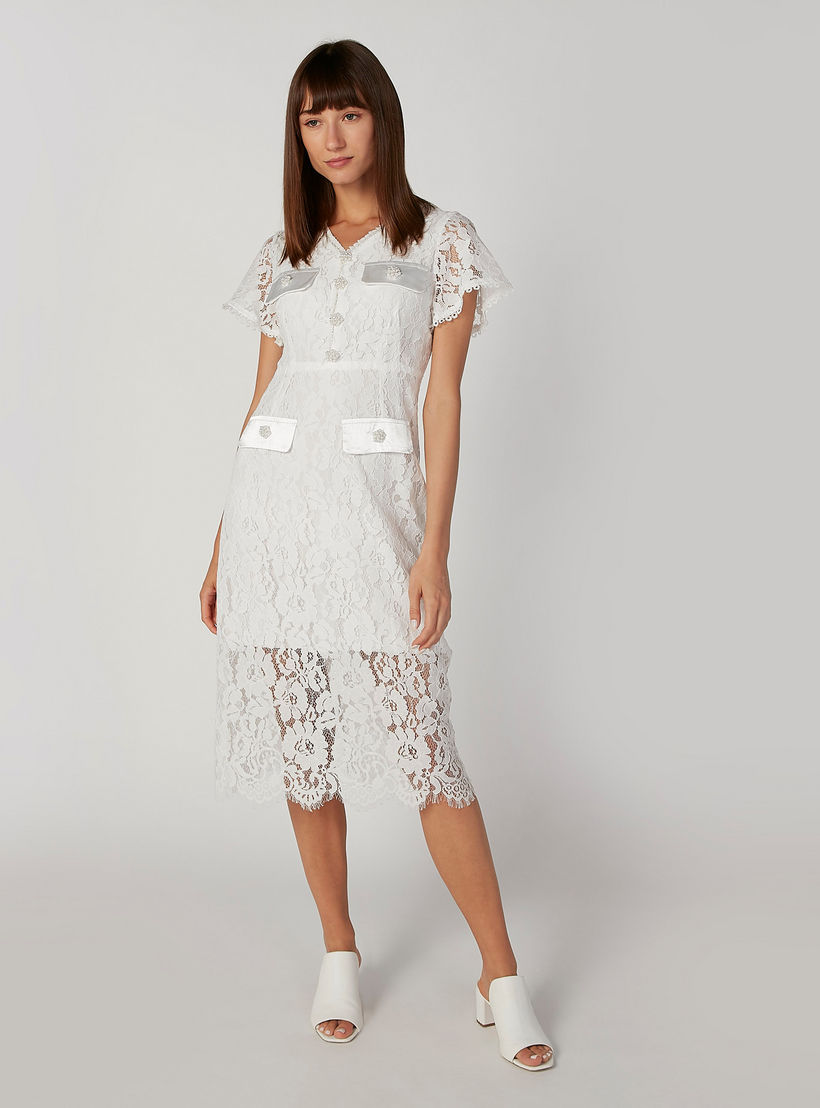 فستان دانتيل ميدي إيه لاين بأكمام قصيرة وجيوب بطيّة-women-clothing-dresses-image-1