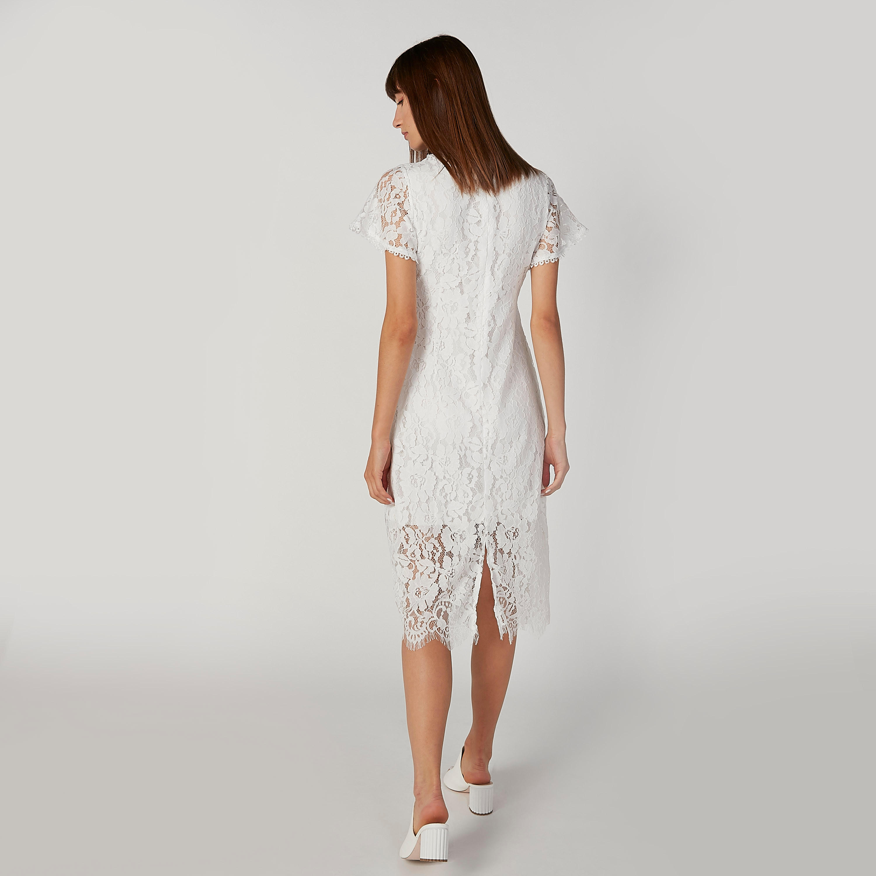فستان دانتيل ميدي إيه لاين بأكمام قصيرة وجيوب بطيّة-women-clothing-dresses-image-2