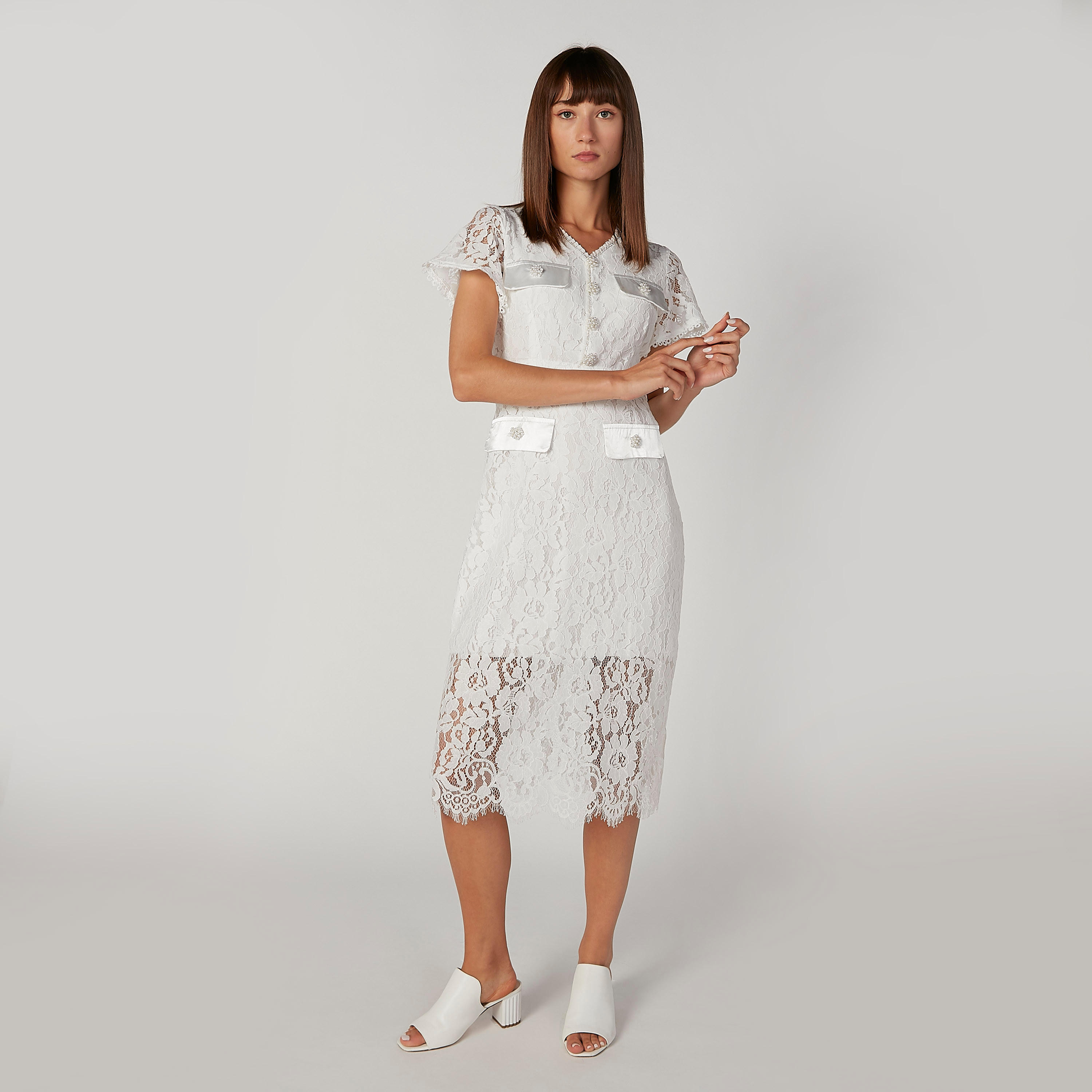 فستان دانتيل ميدي إيه لاين بأكمام قصيرة وجيوب بطيّة-women-clothing-dresses-image-3
