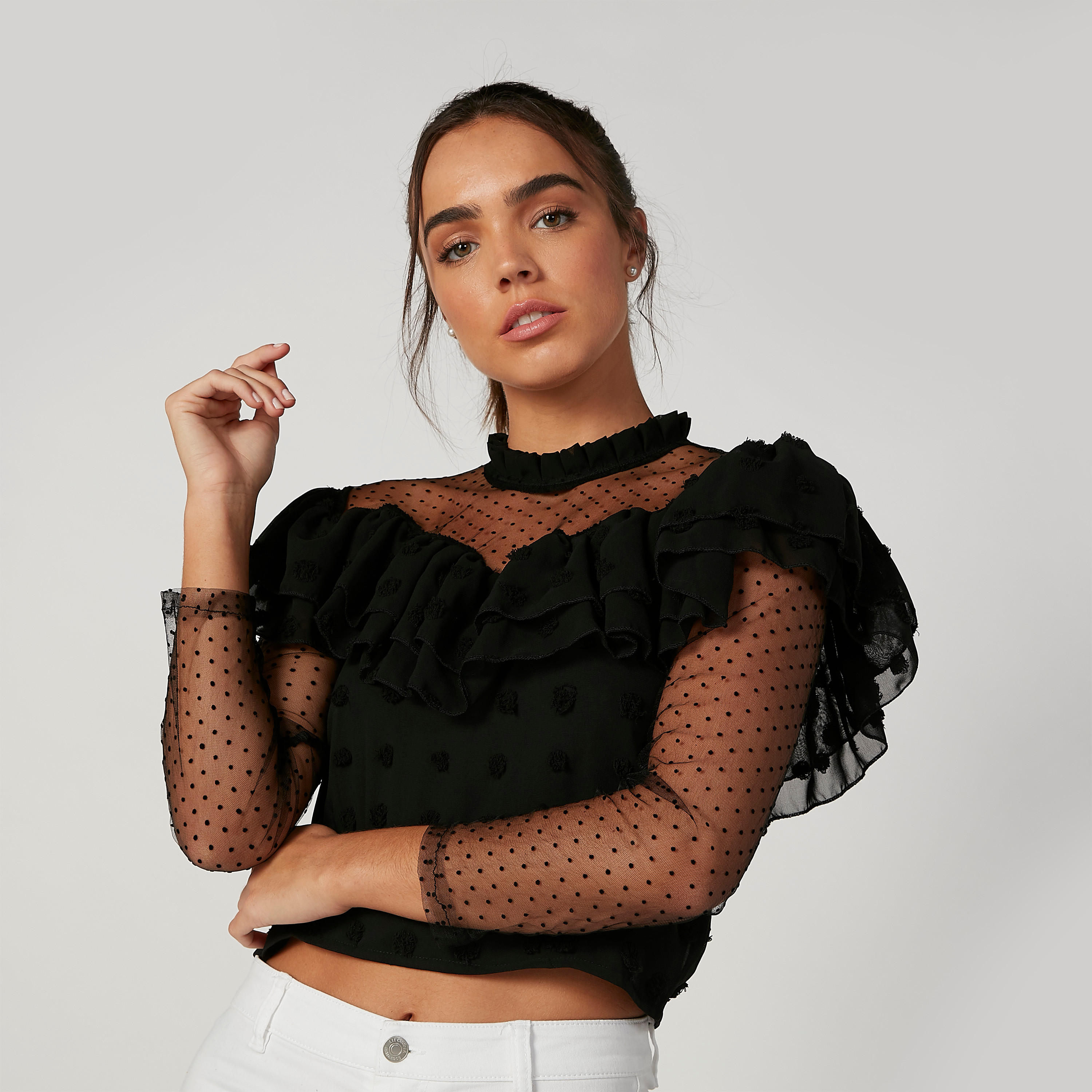بلوزة سكيني بارزة الملمس بياقة عالية وأكمام طويلة-women-clothing-shirtsandblouses-blouses-image-1
