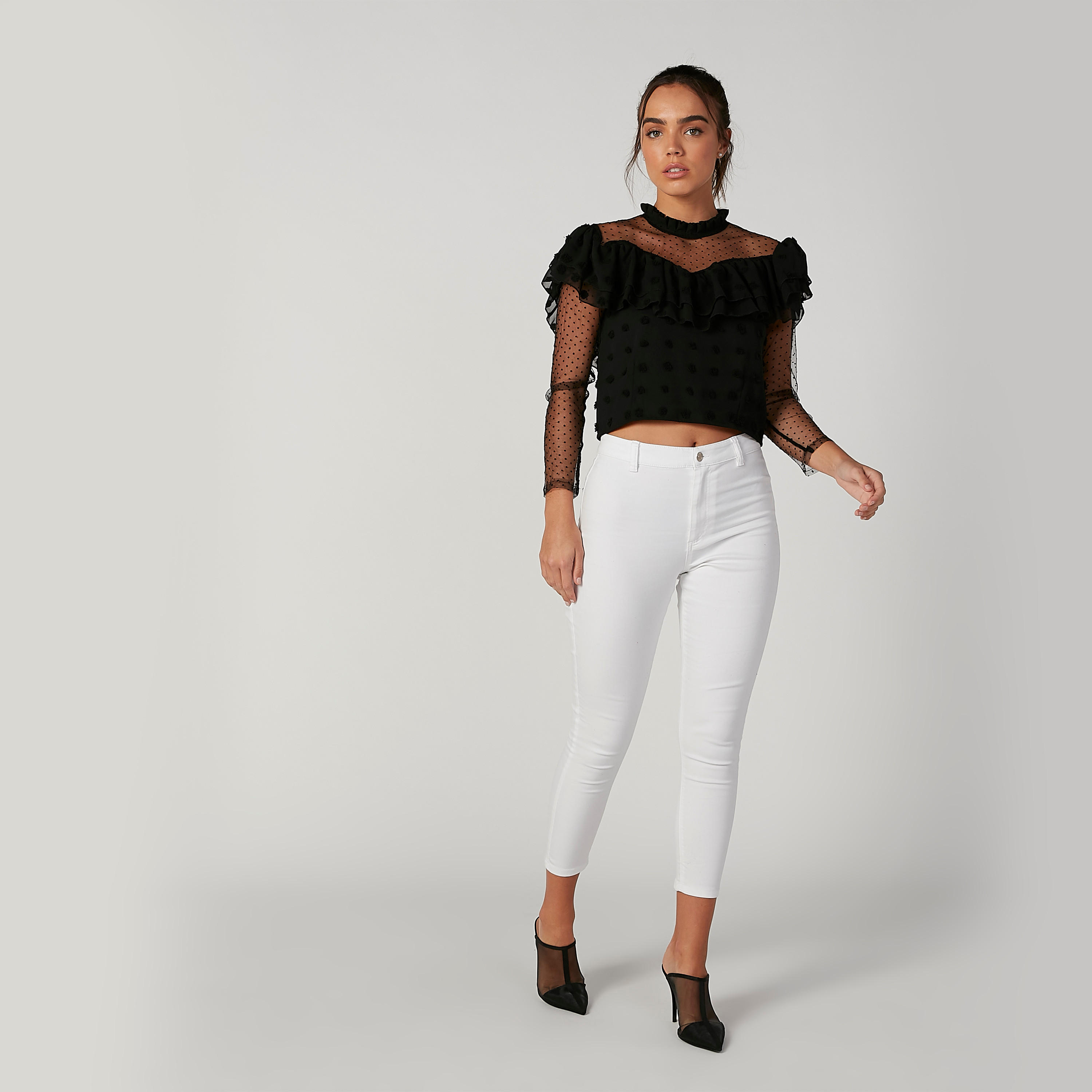 بلوزة سكيني بارزة الملمس بياقة عالية وأكمام طويلة-women-clothing-shirtsandblouses-blouses-image-2