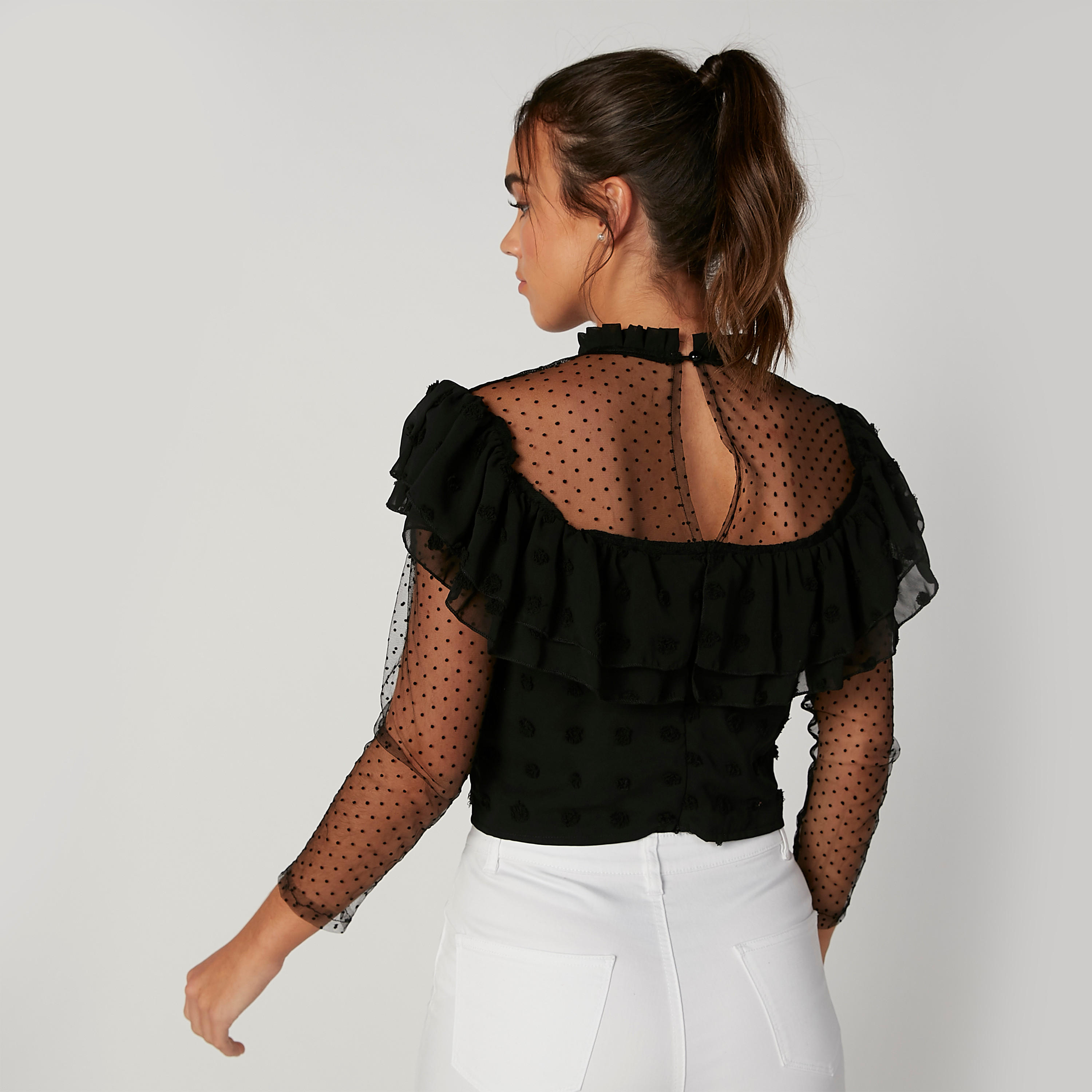 بلوزة سكيني بارزة الملمس بياقة عالية وأكمام طويلة-women-clothing-shirtsandblouses-blouses-image-3