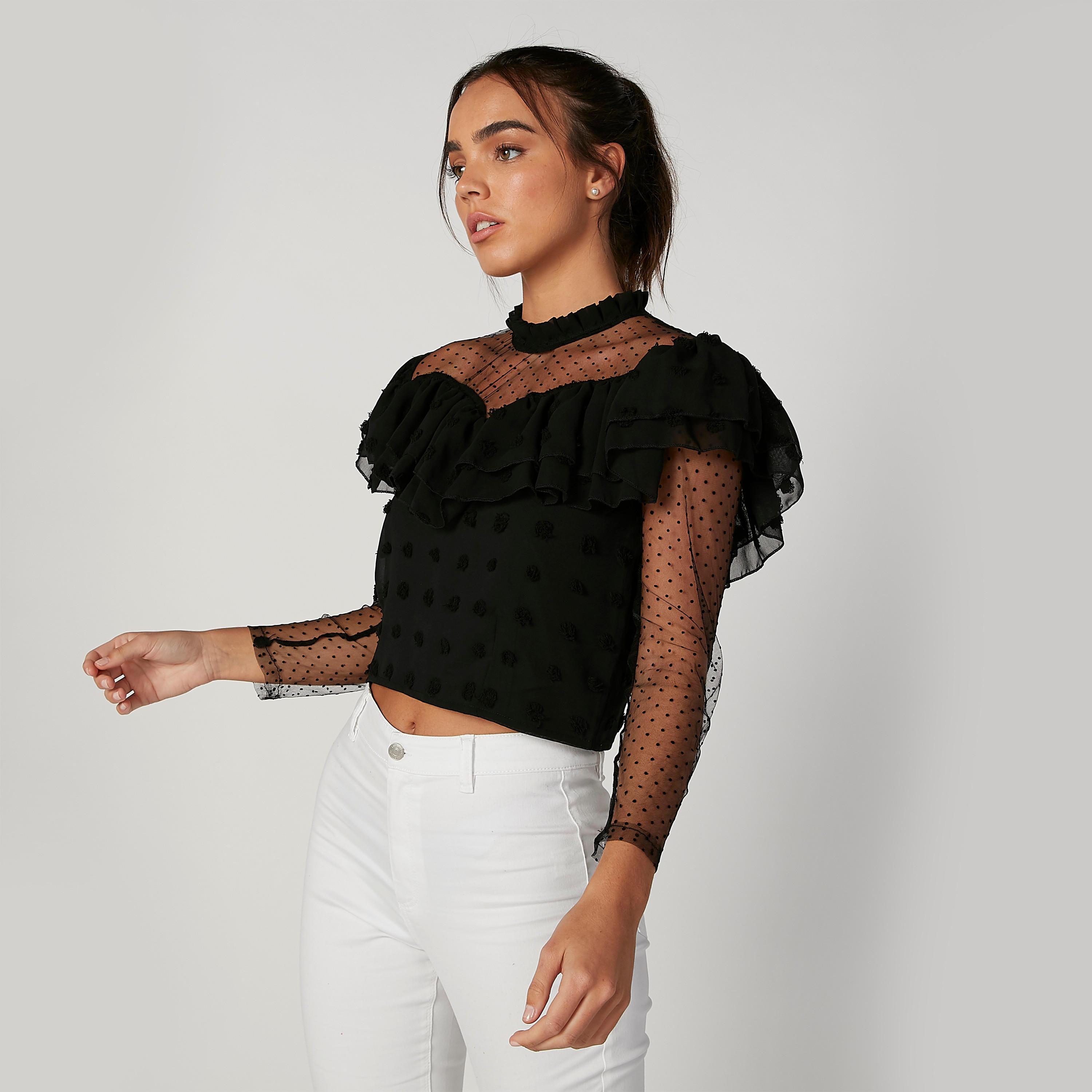 بلوزة سكيني بارزة الملمس بياقة عالية وأكمام طويلة-women-clothing-shirtsandblouses-blouses-image-4