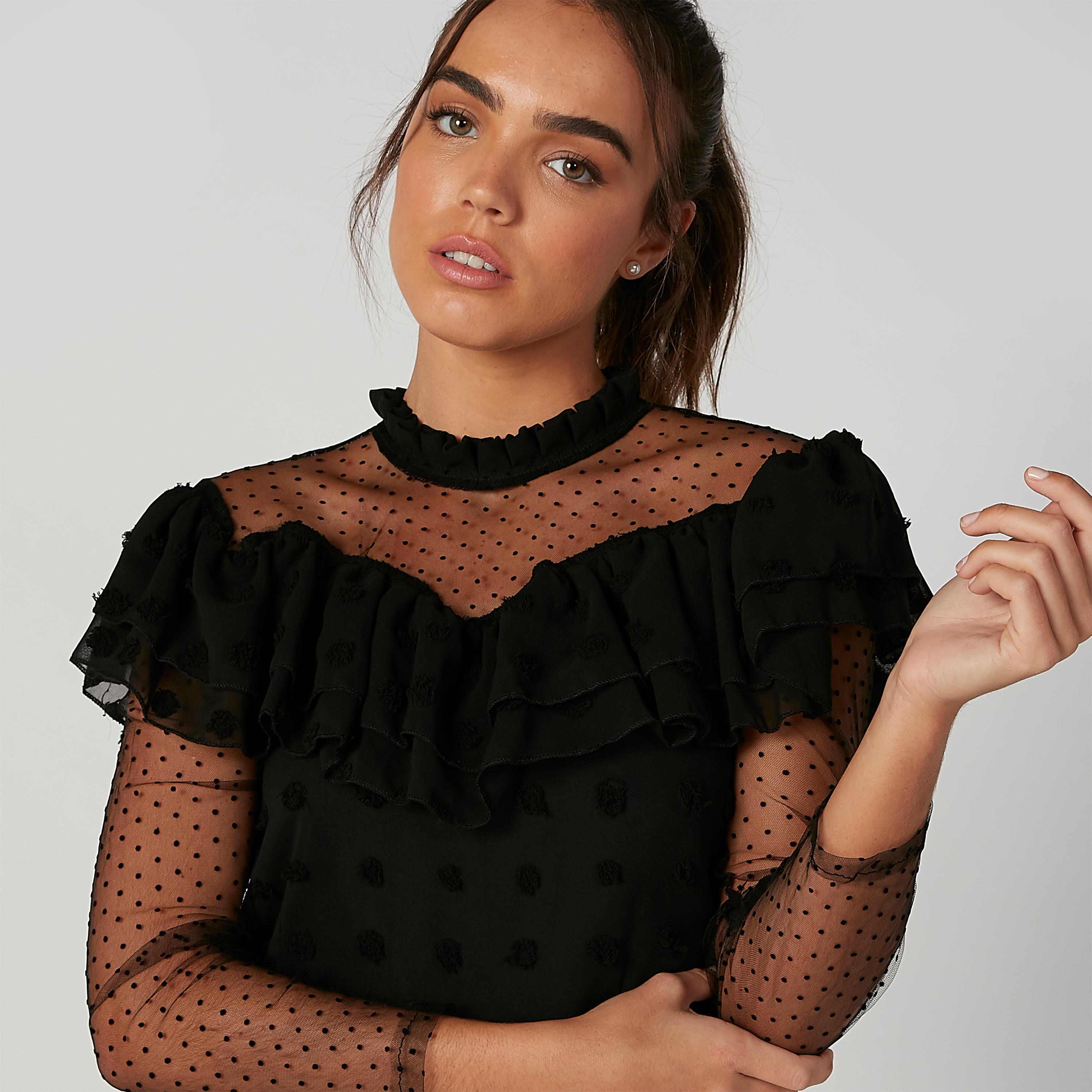 بلوزة سكيني بارزة الملمس بياقة عالية وأكمام طويلة-women-clothing-shirtsandblouses-blouses-image-5