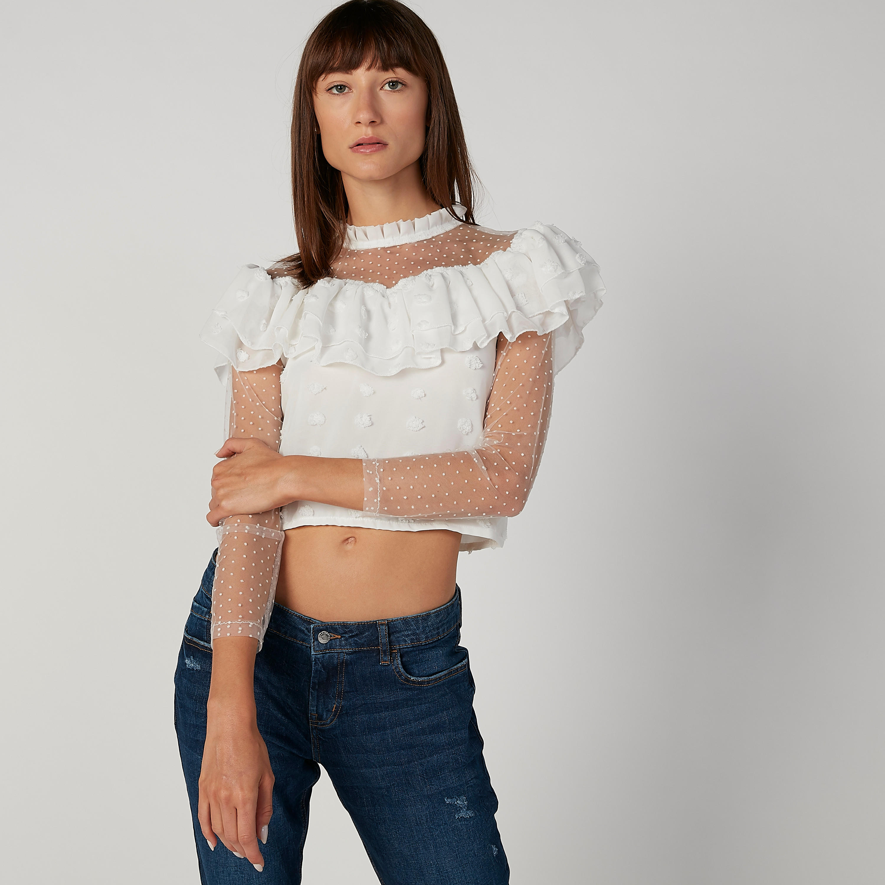 Skinny Fit Lace Detail Crop Top with High Neck and Long Sleeves-women-clothing-shirtsandblouses-blouses-image-2