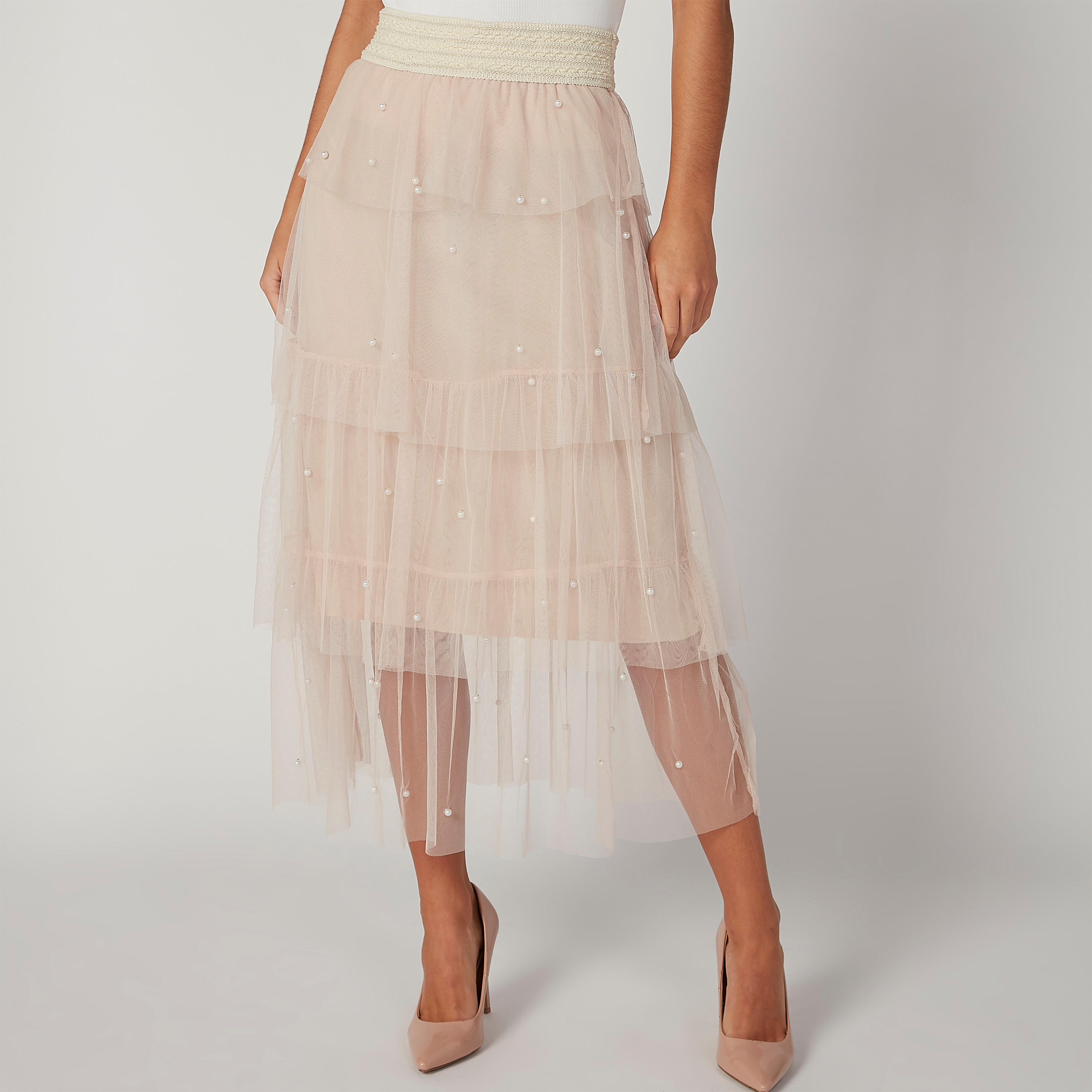تنورة ماكسي إيه لاين بارزة الملمس بخصر مطاطي-women-clothing-bottoms-skirts-image-4