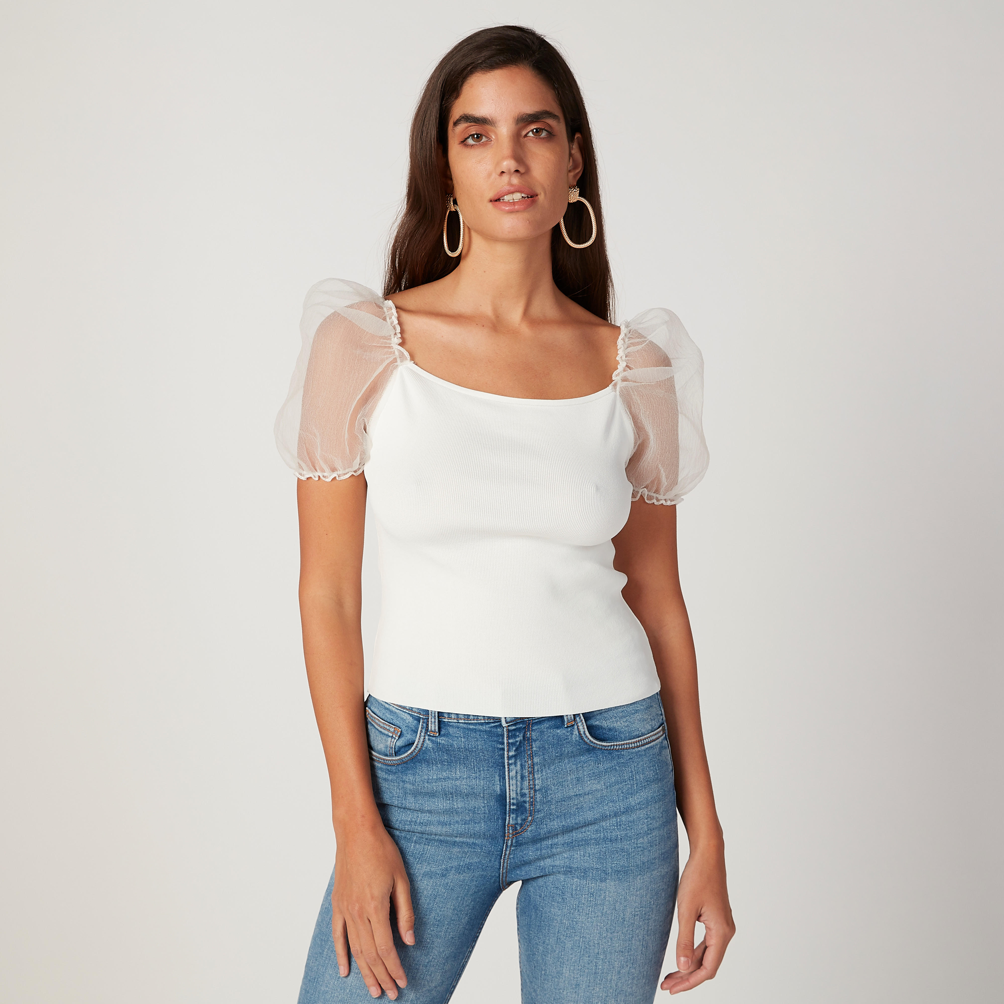 بلوزة سكيني بارزة الملمس بياقة قارب وأكمام قصيرة-women-clothing-shirtsandblouses-blouses-image-1