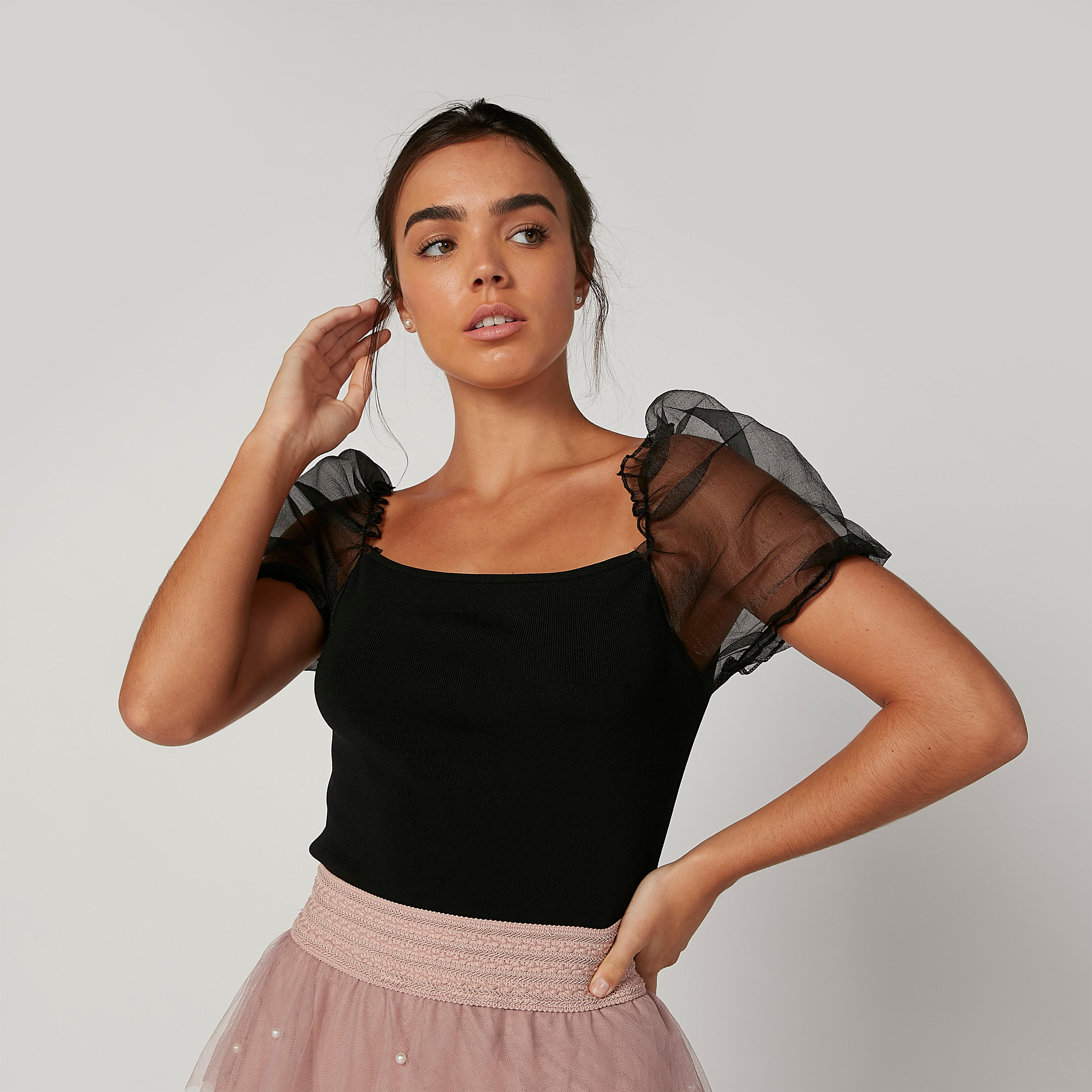 بلوزة سكيني بارزة الملمس بياقة قارب وأكمام قصيرة-women-clothing-shirtsandblouses-blouses-image-1