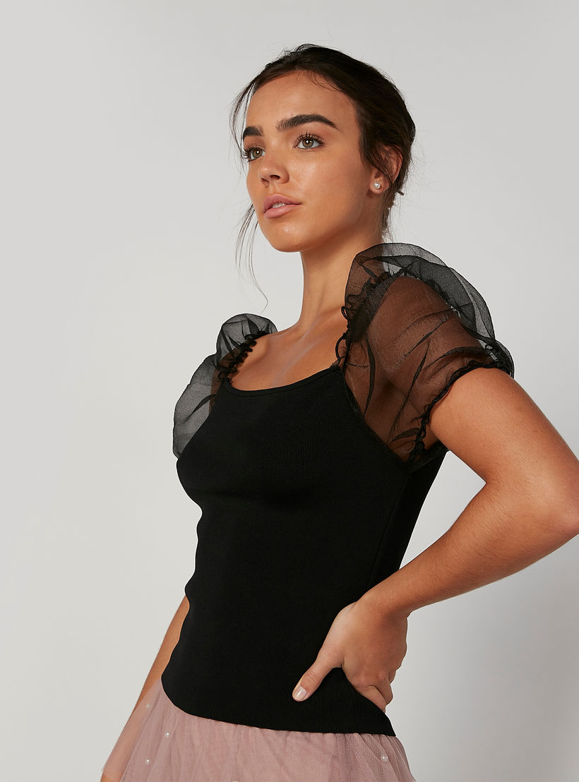 بلوزة سكيني بارزة الملمس بياقة قارب وأكمام قصيرة-women-clothing-shirtsandblouses-blouses-image-4
